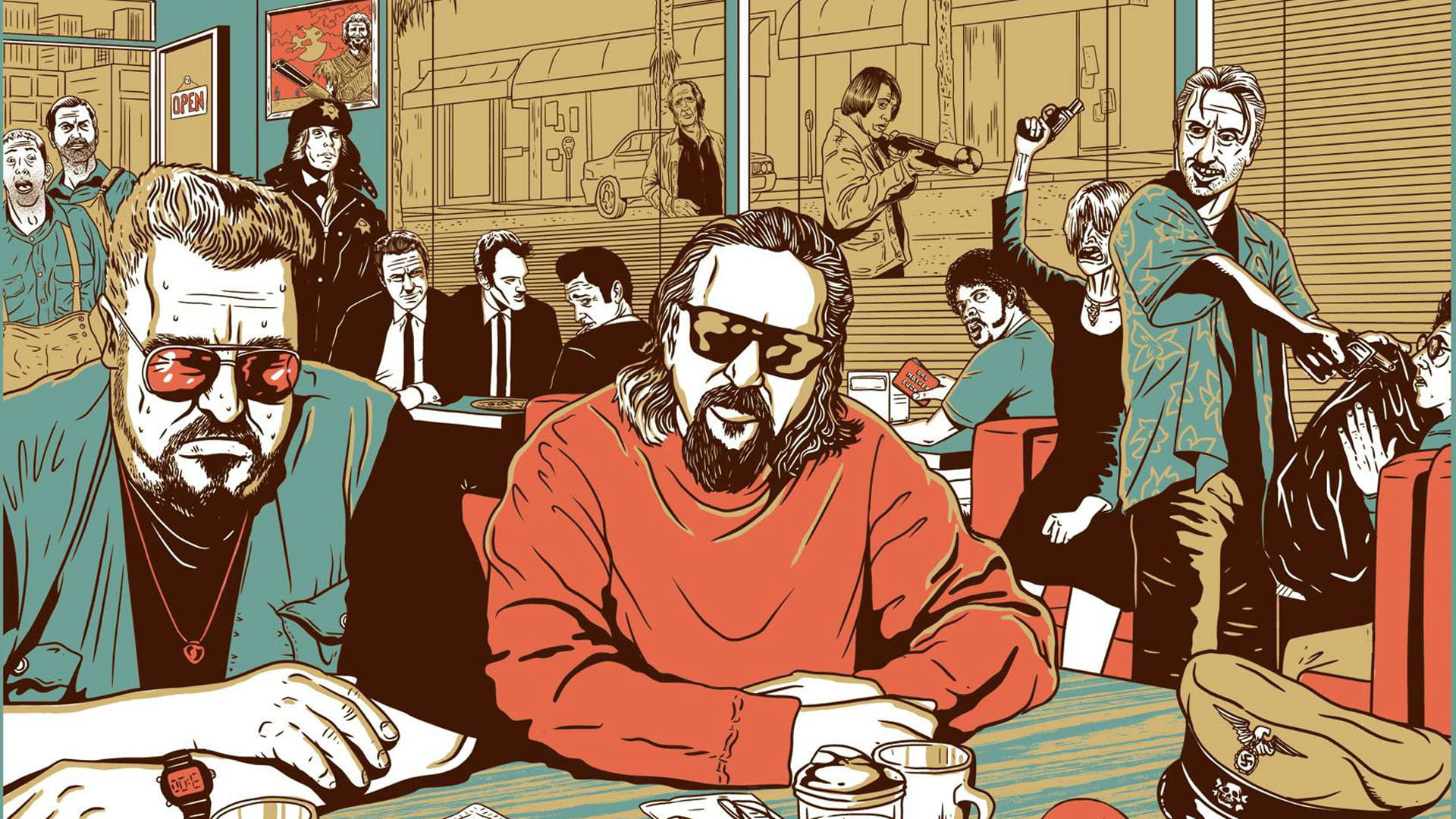 two man illustration, The Big Lebowski, Pulp Fiction, Fargo, Reservoir Dogs