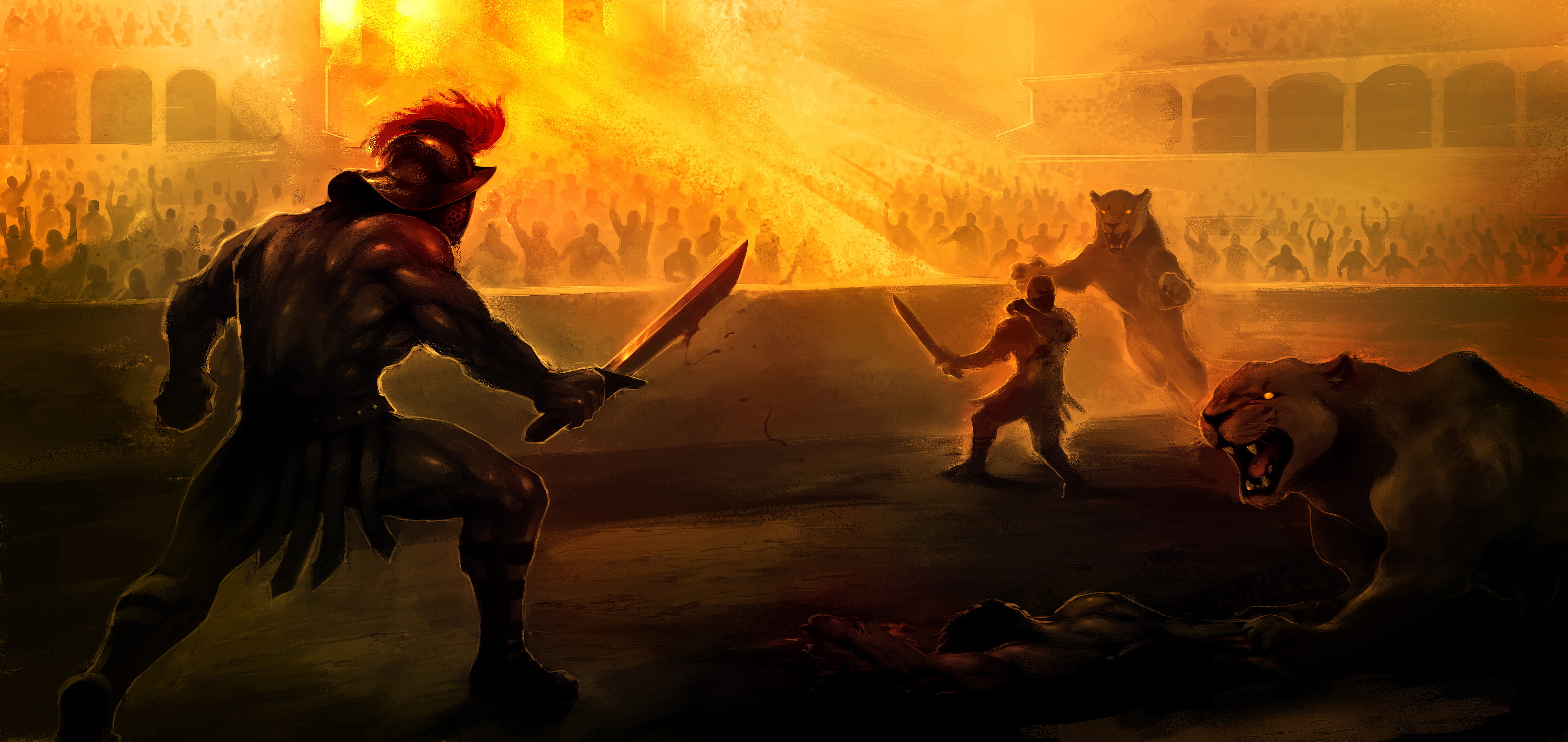two warriors fighting lions wallpaper, death, blood, sword, Leo