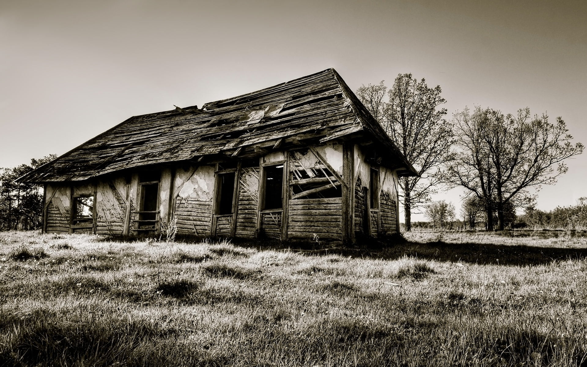 grayscale photo of brown house, black white, barn, old, wooden