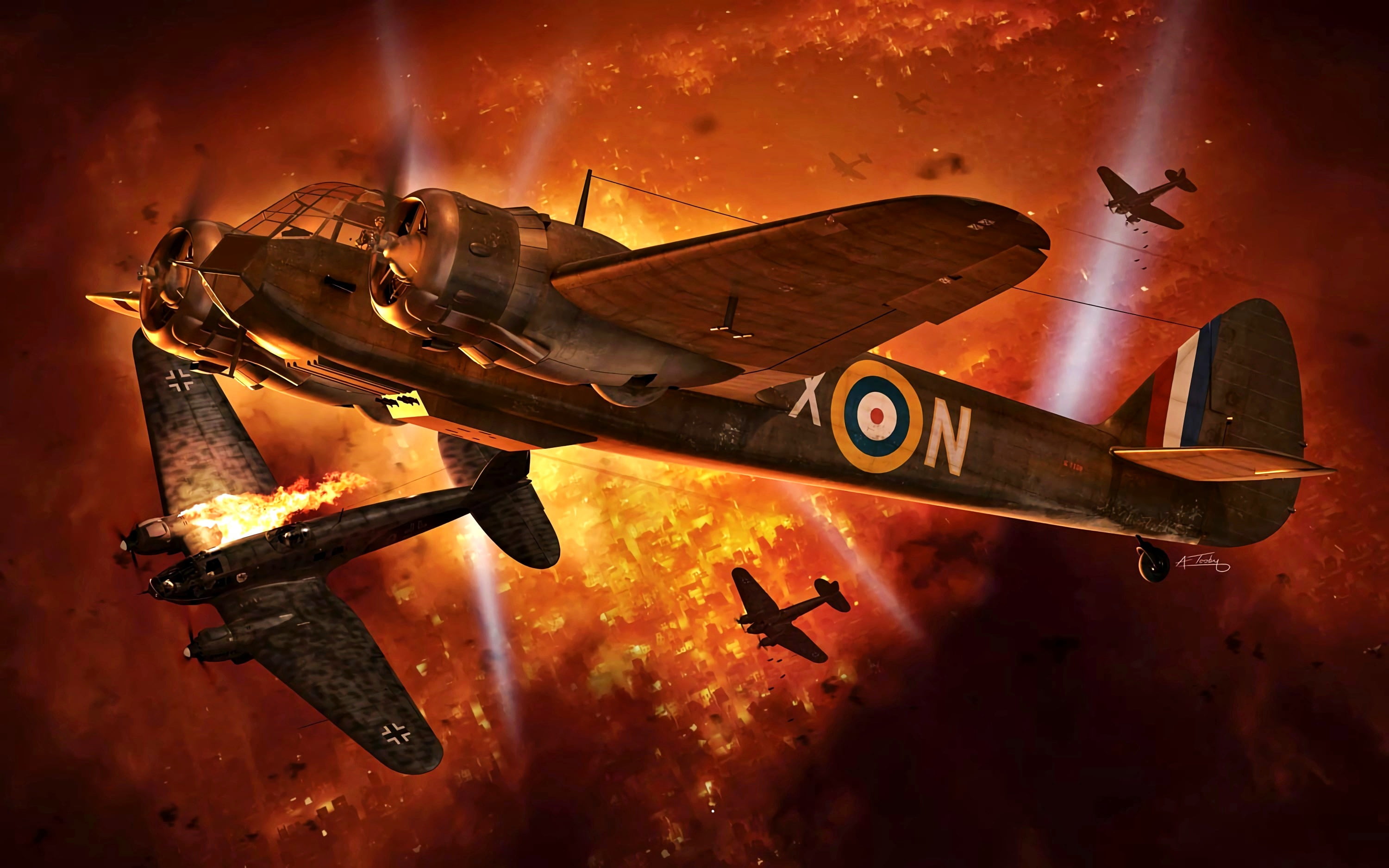 Night, Fire, bomber, He 111, Night fighter, Bristol, The spotlight