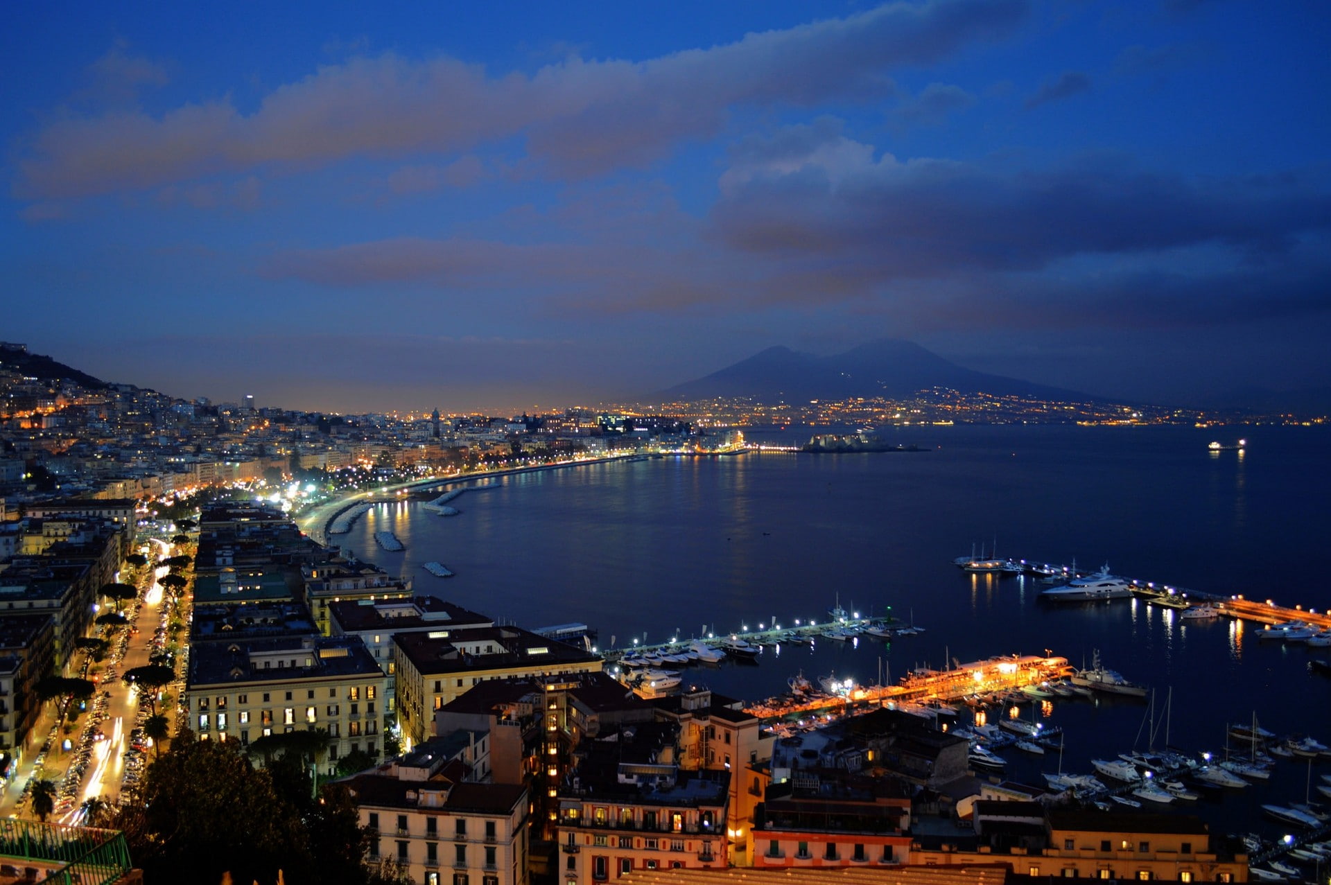 Napoli, city, cityscape, Mount Vesuvius, city lights, ports