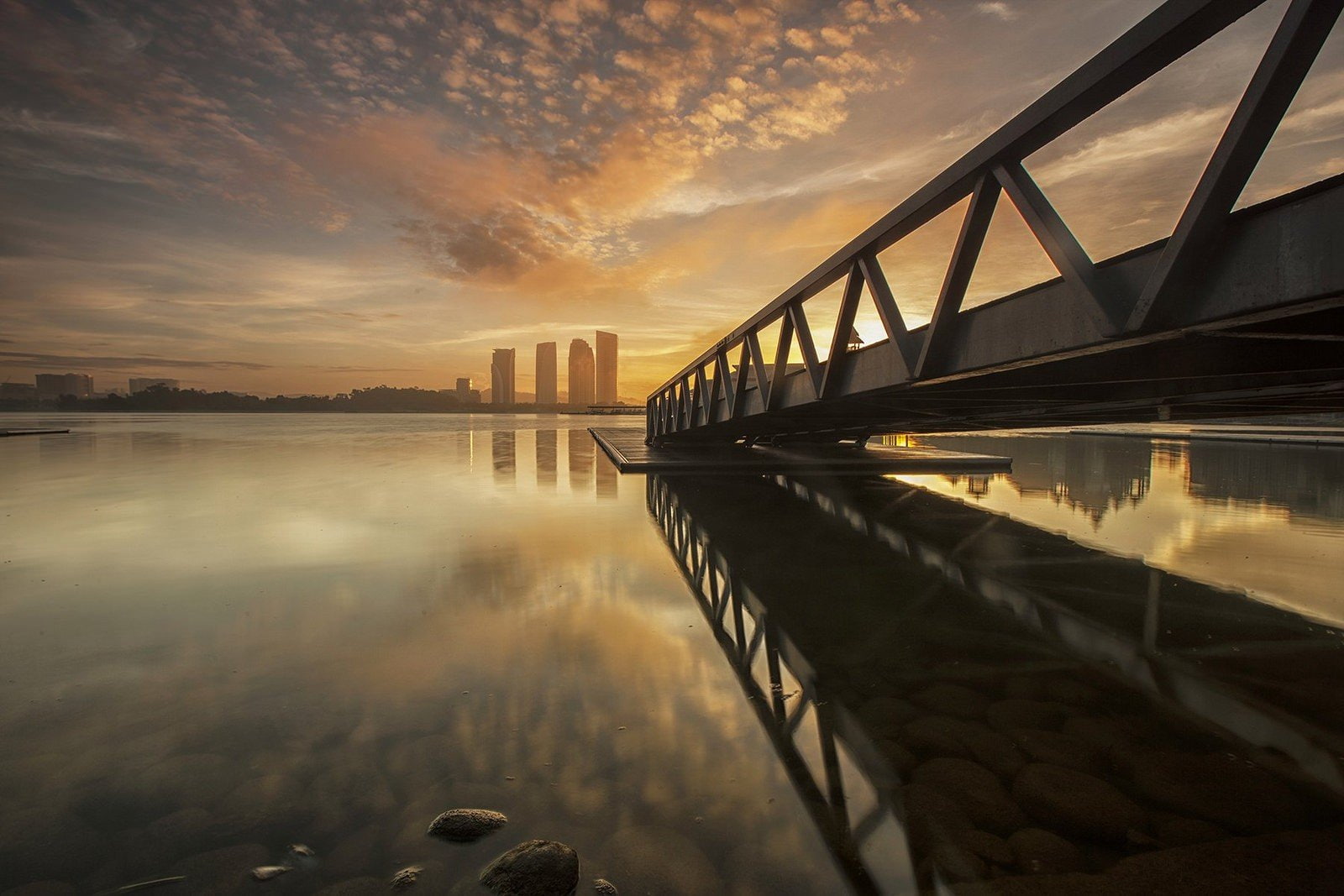bridge reflection, water, sky, built structure, connection