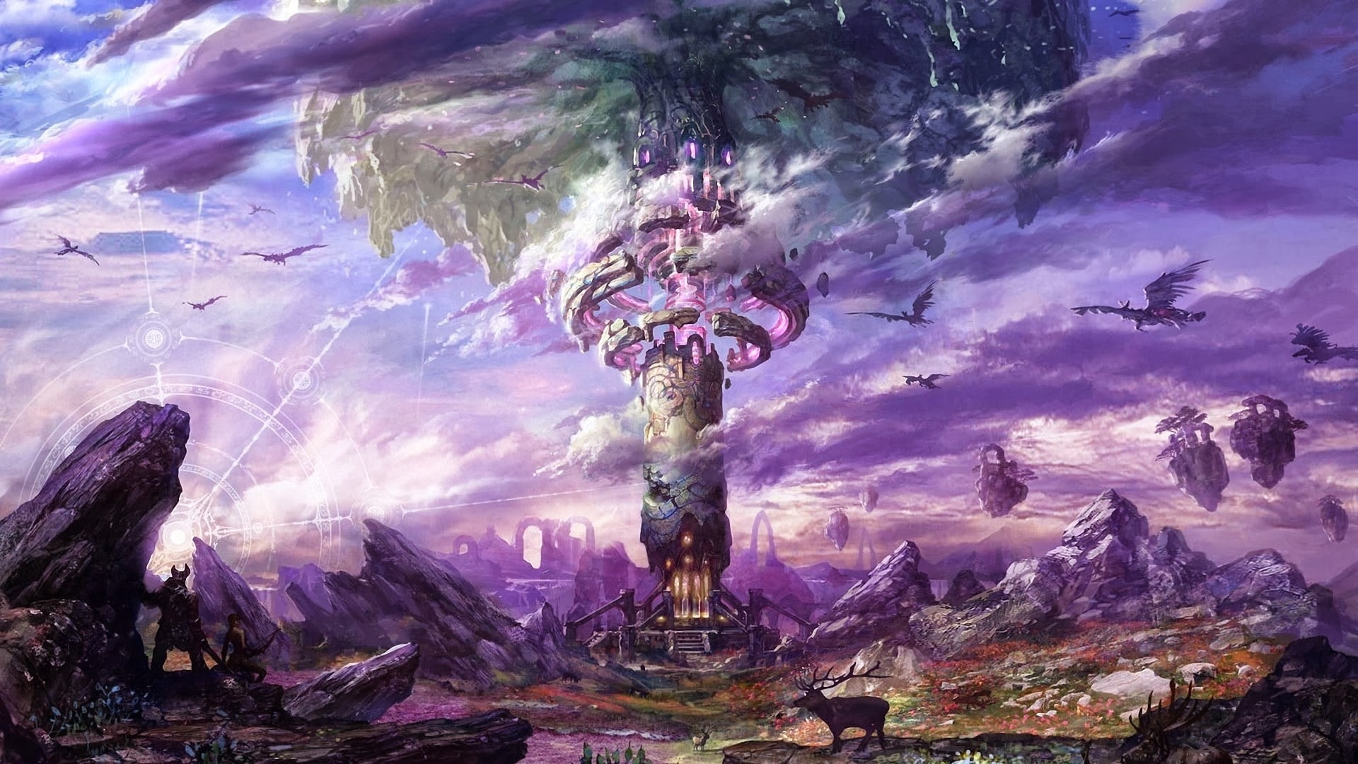 purple clouds on top of a tower, Tera, Tera online, fantasy art