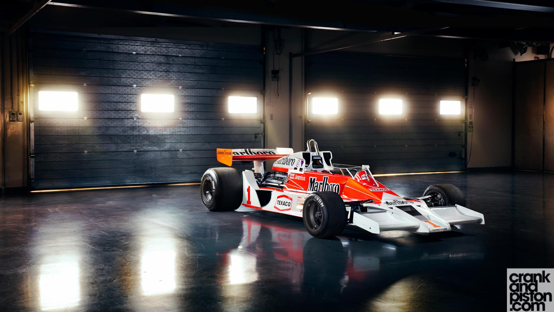 McLaren M26 James Hunt Dubai Autodrome, white-and-red marlboro f1 car
