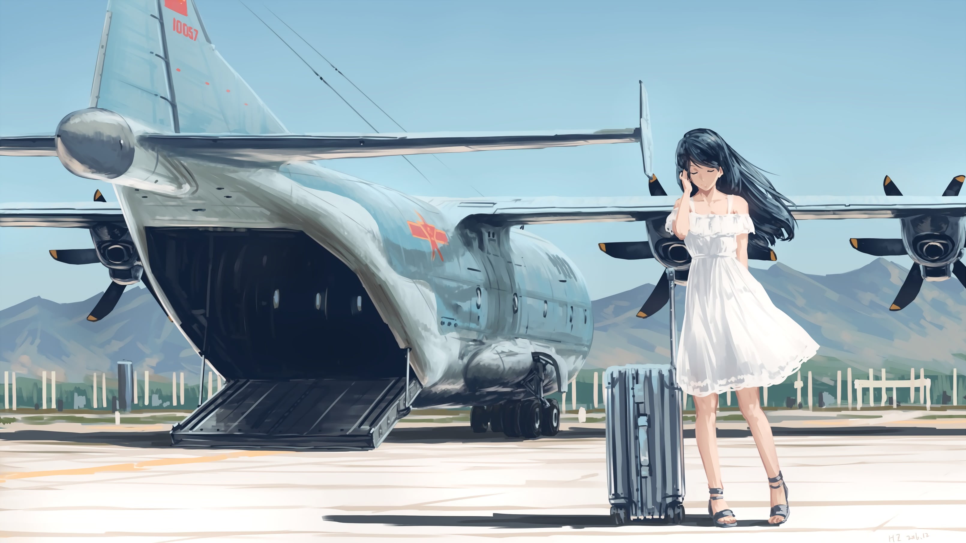 anime, anime girls, aircraft, long hair, black hair, dress