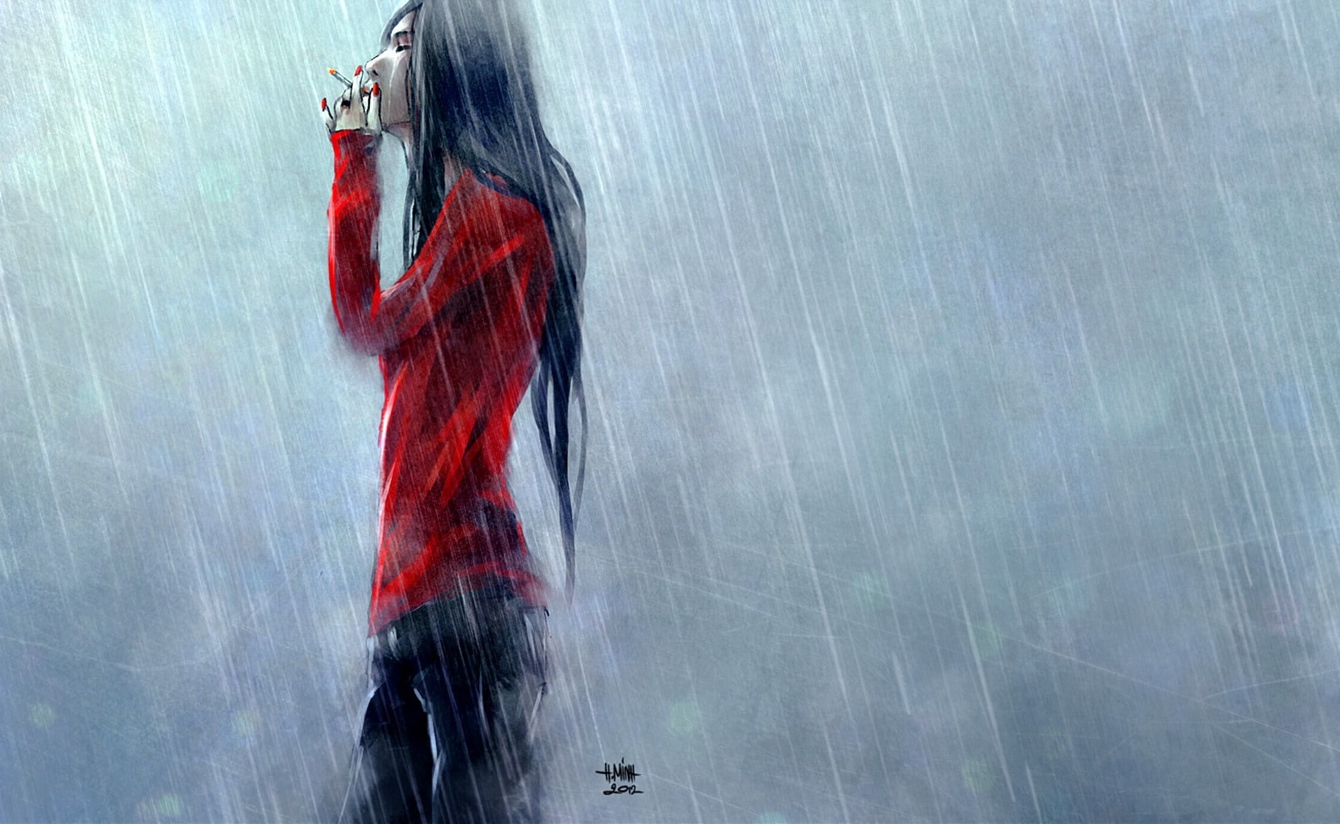 artwork rain long hair nanfe smoking, red, one person, motion