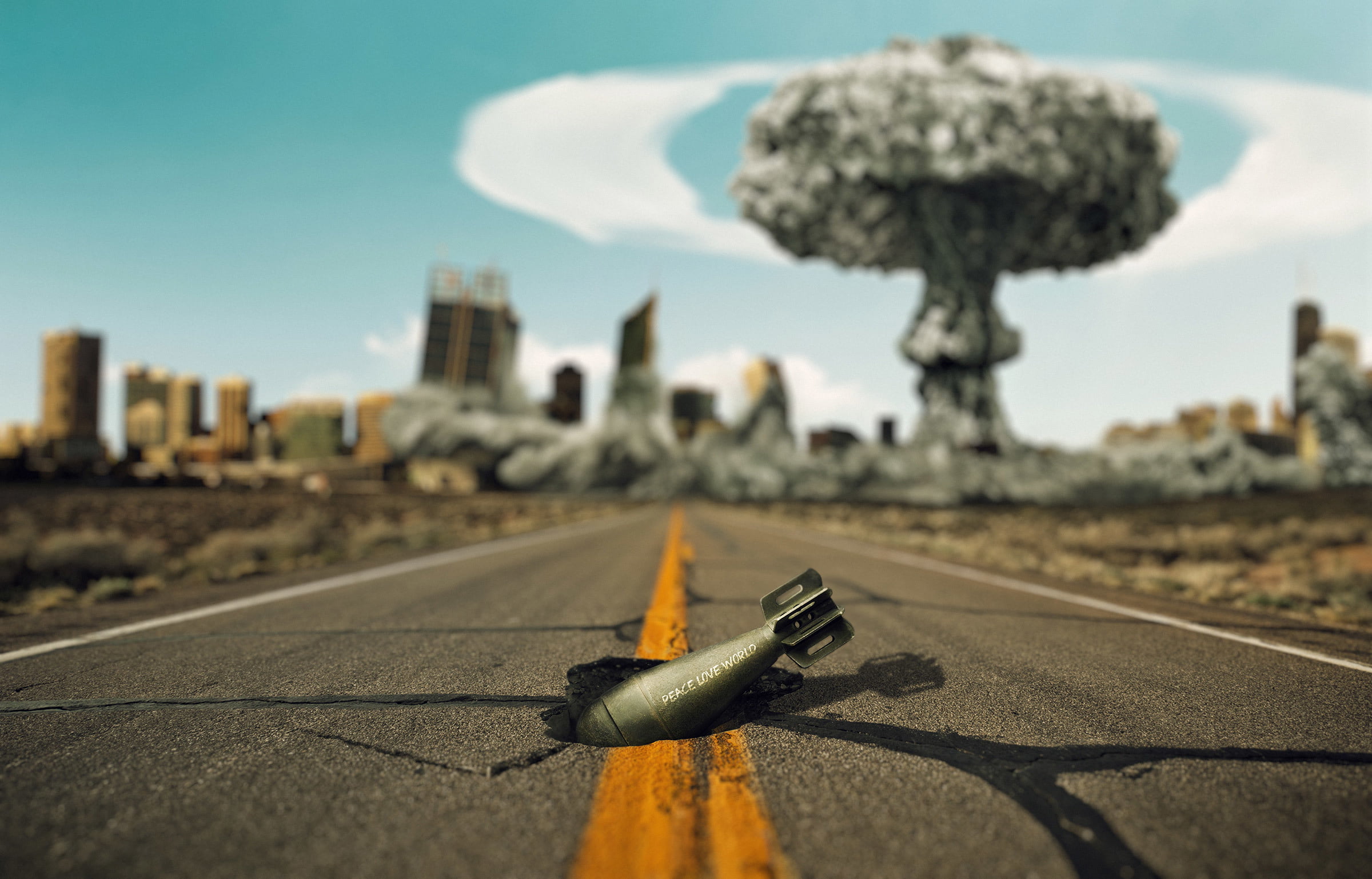 road, the explosion, the city, cracked, war, mushroom, world
