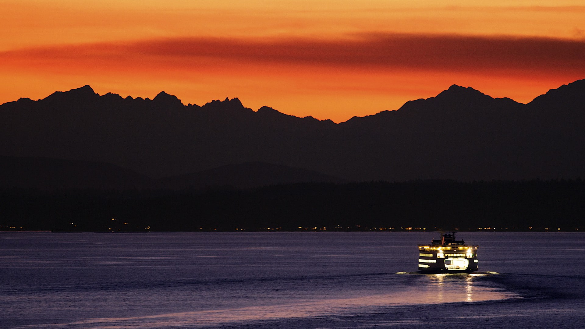 sunset, Seattle, Puget Sound, sunlight, mountain, nautical vessel