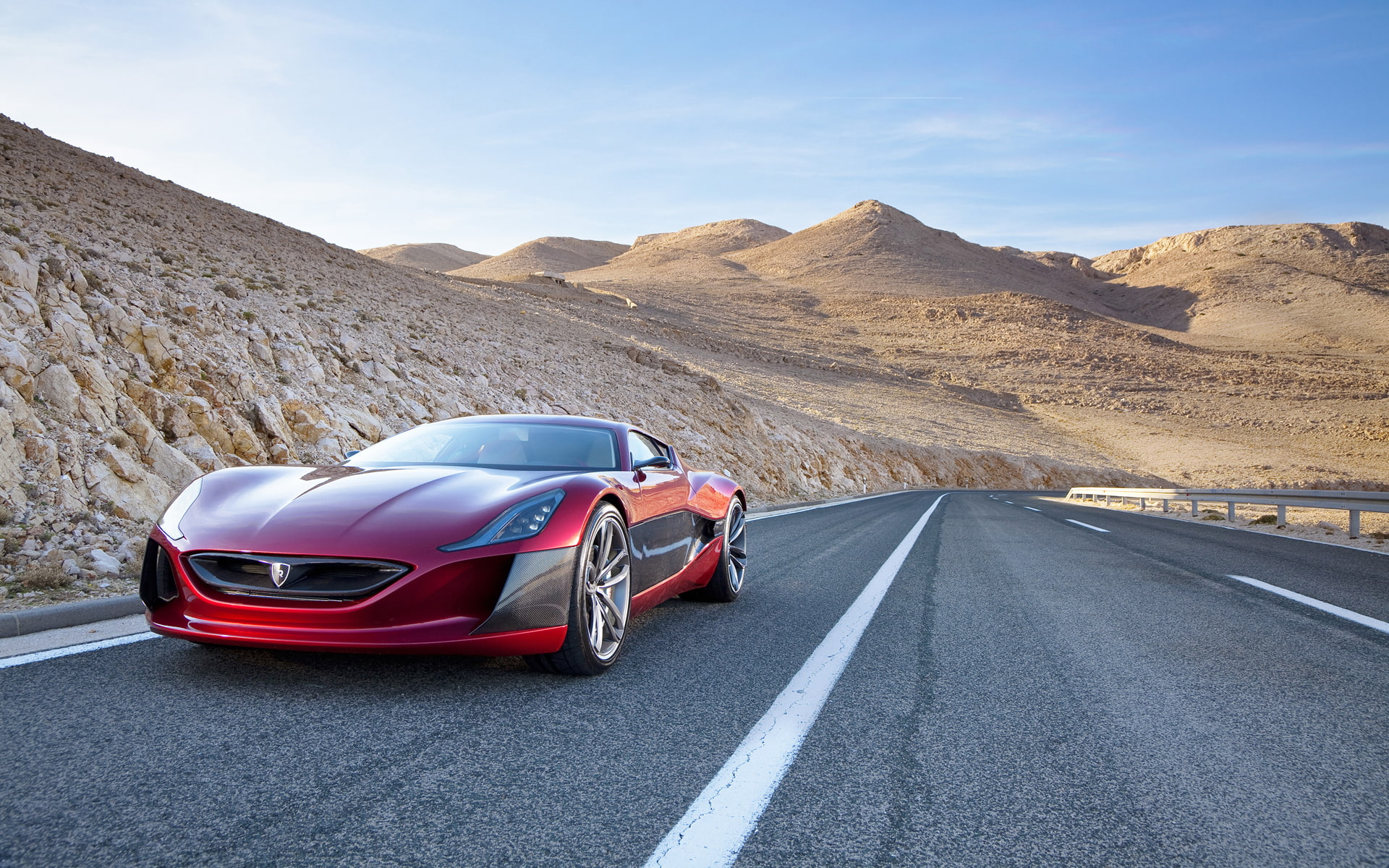 Rimac Concept_One Road Desert HD, red muscle car, cars
