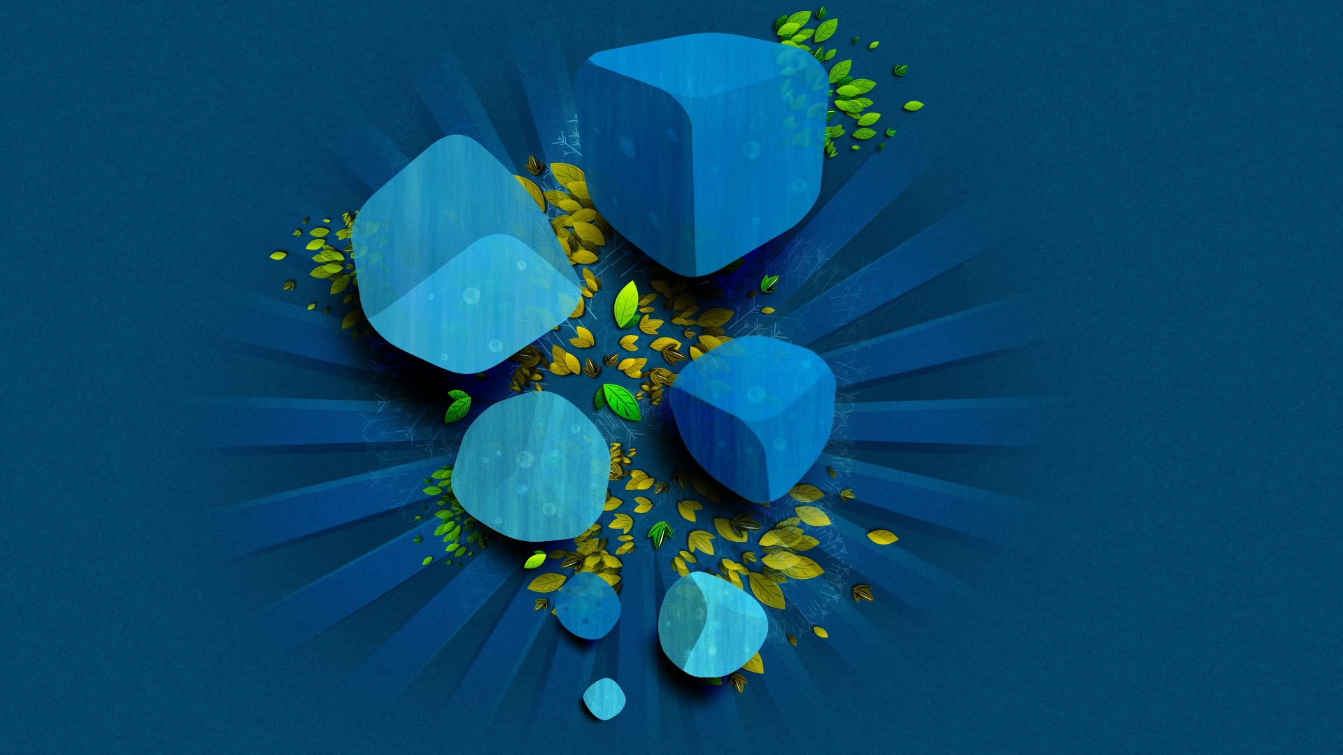 blue and green cubes illustration, leaves, dark blue, vector