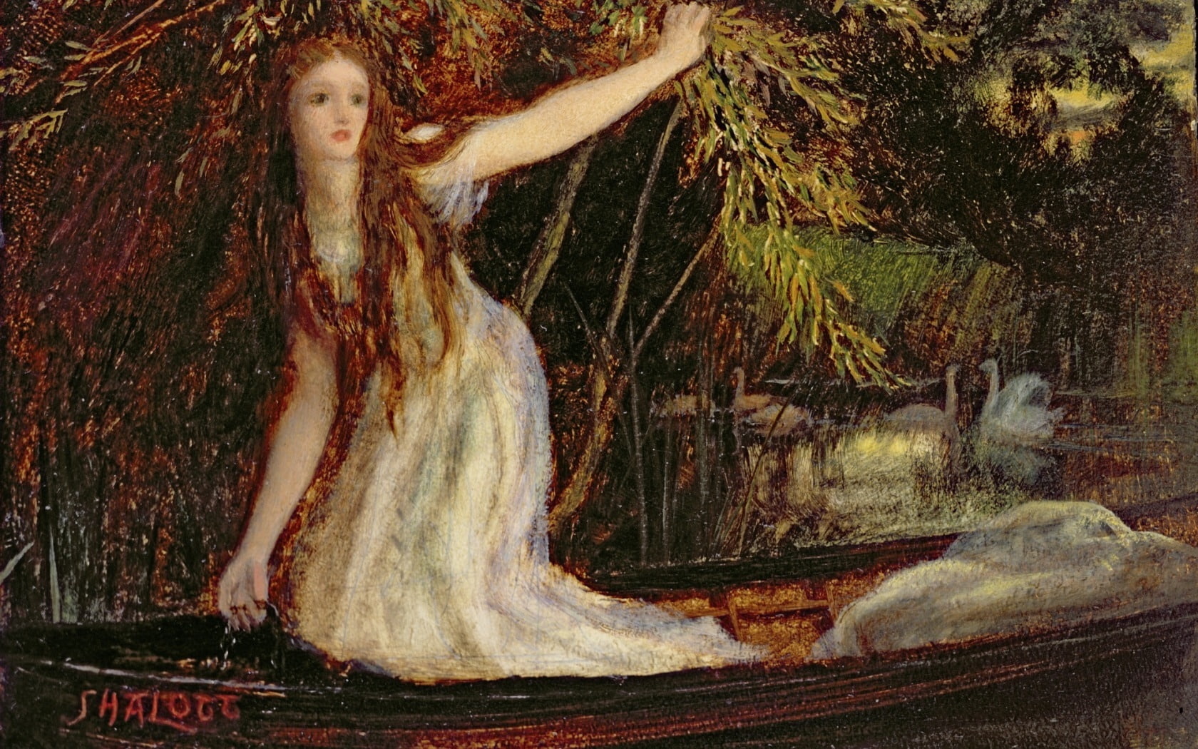 Lady of Shallot, art, boat, girl, painting, arthur hughes, pictura