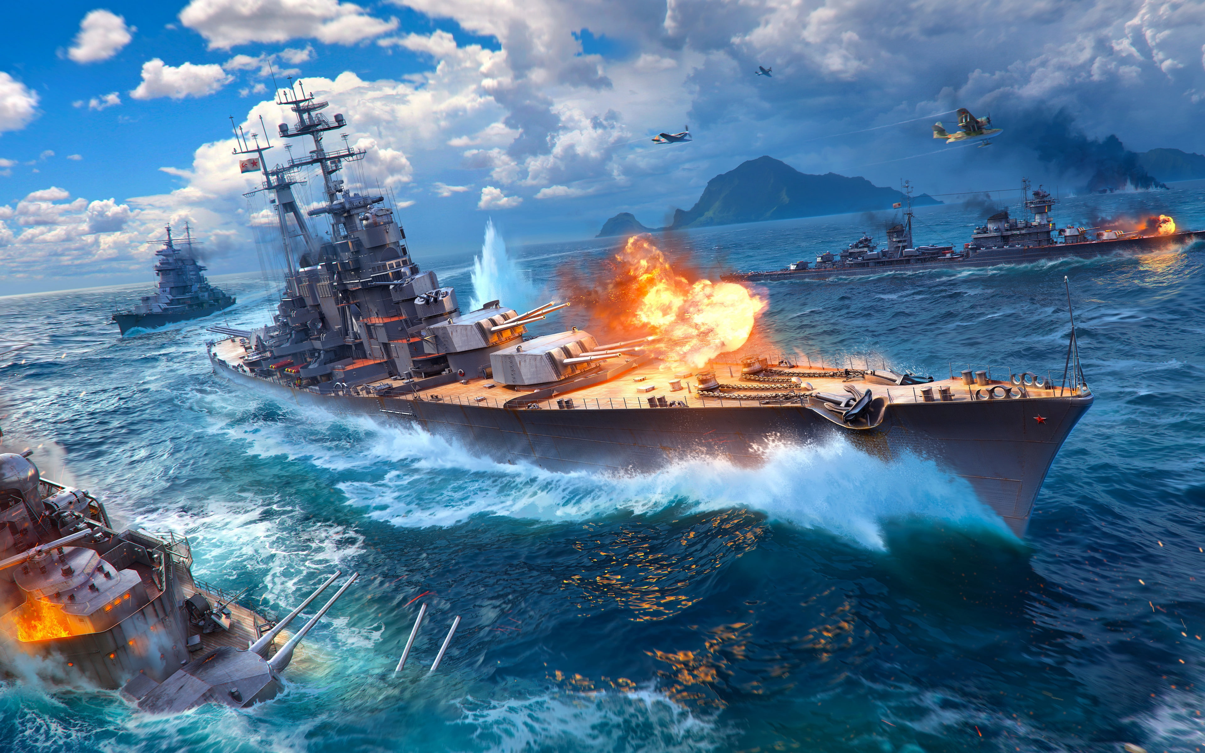 orld of warships, wargaming net backgrounds, explosion, Download 3840x2400 world of warships