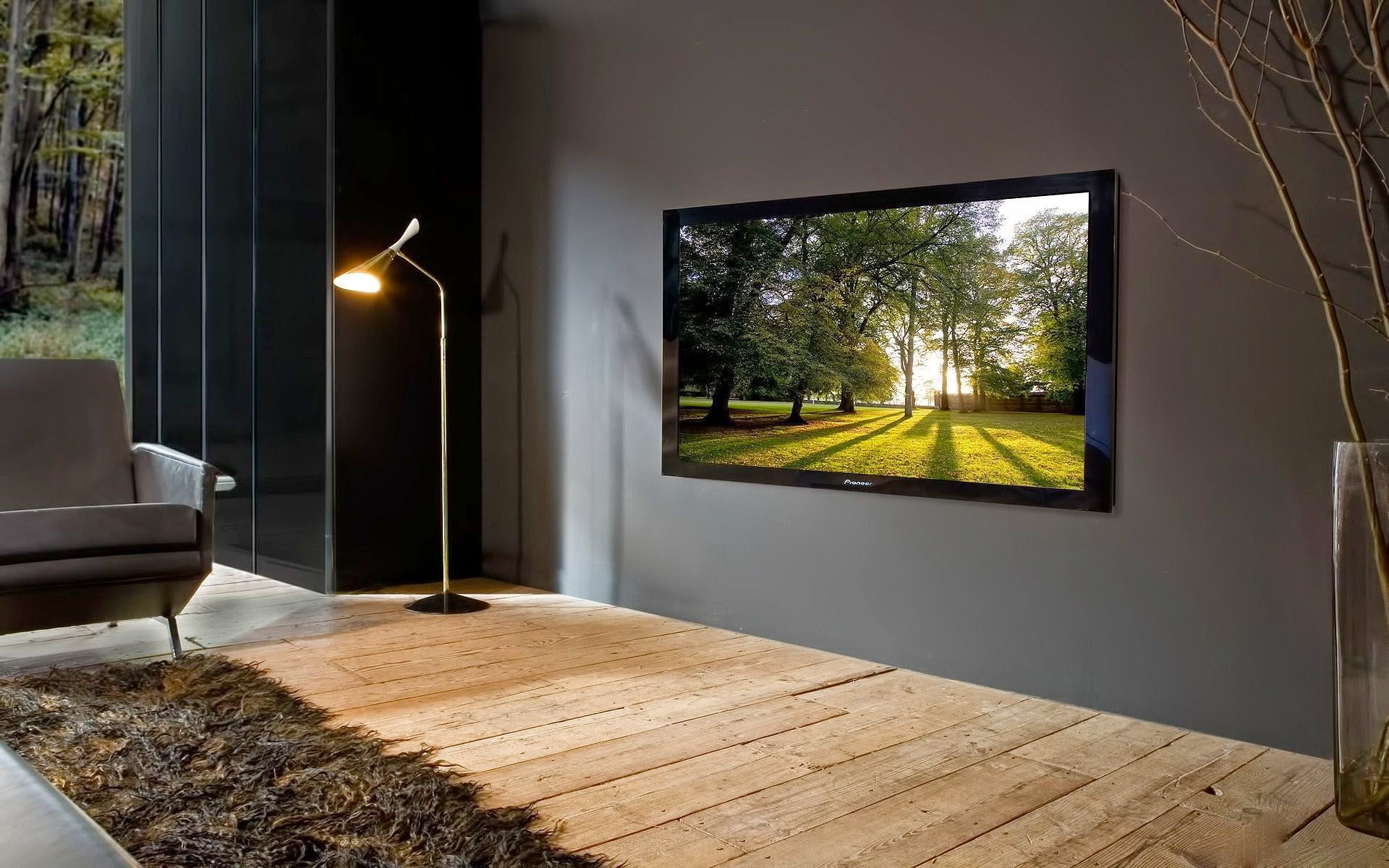 living rooms, modern, TV, television sets, gray wall, floor lamp