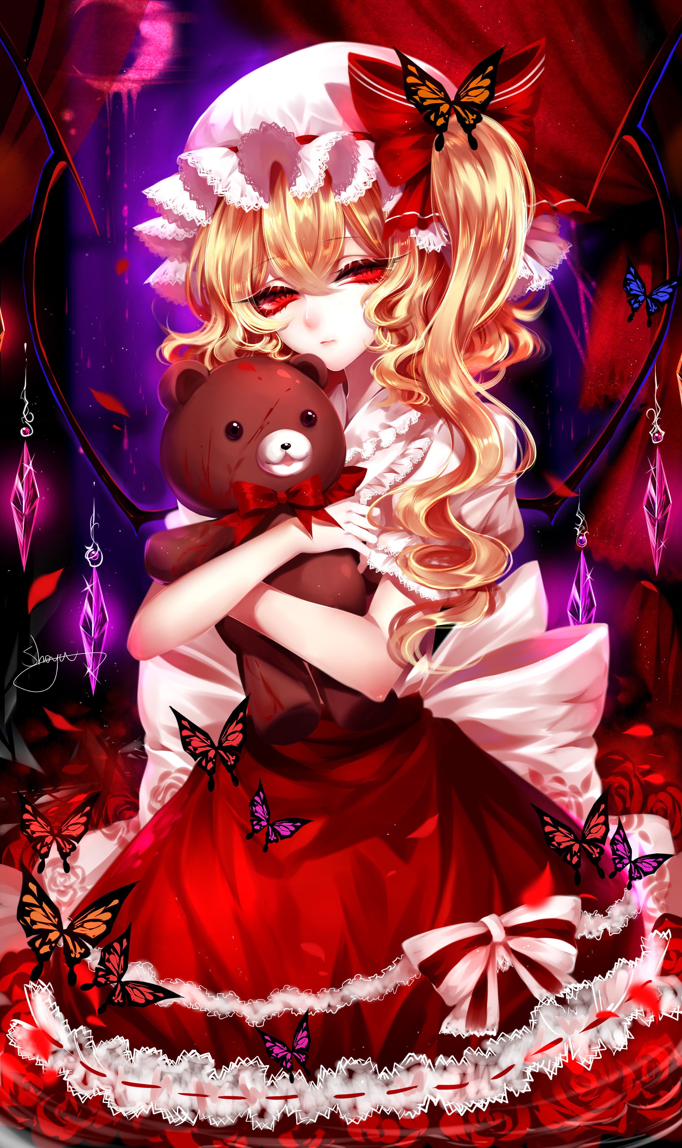 girl hugging bear plush toy illustration, anime, anime girls