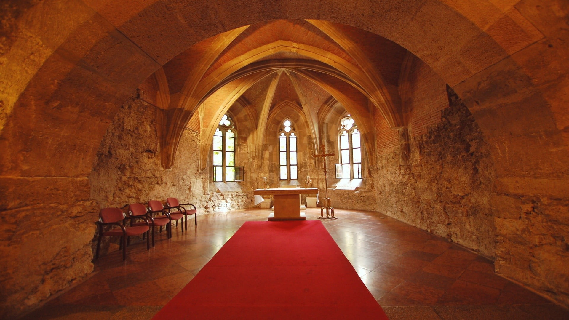 Credence table, castle, church, interior, cross, Altar, chair