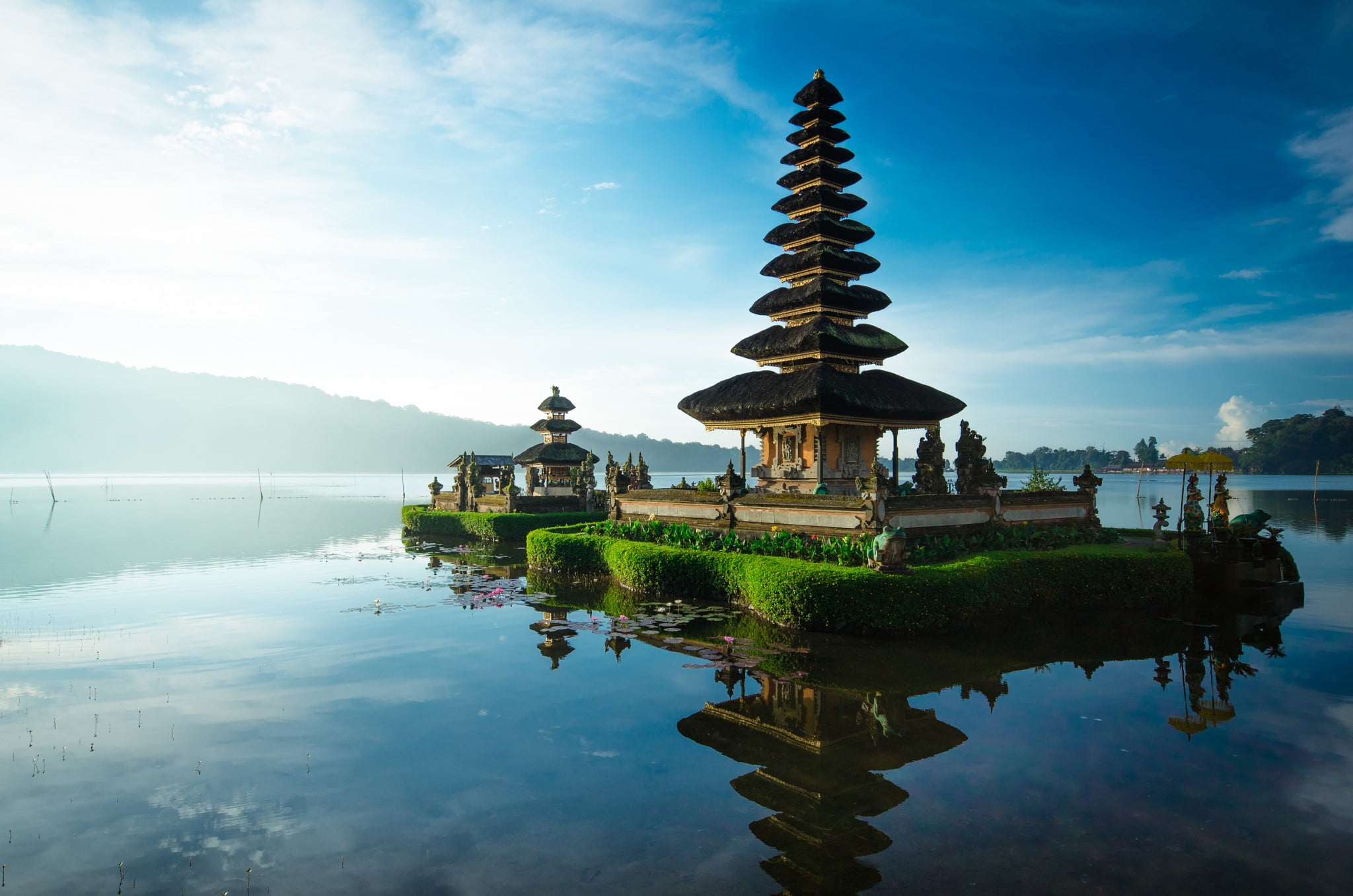 brown temple, photography, water, reflection, Bali, plants, leaves