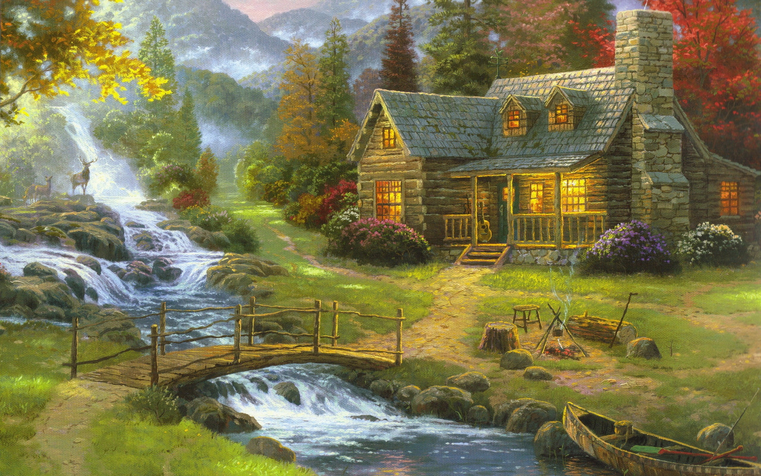 Free download | HD wallpaper: house near river painting, building