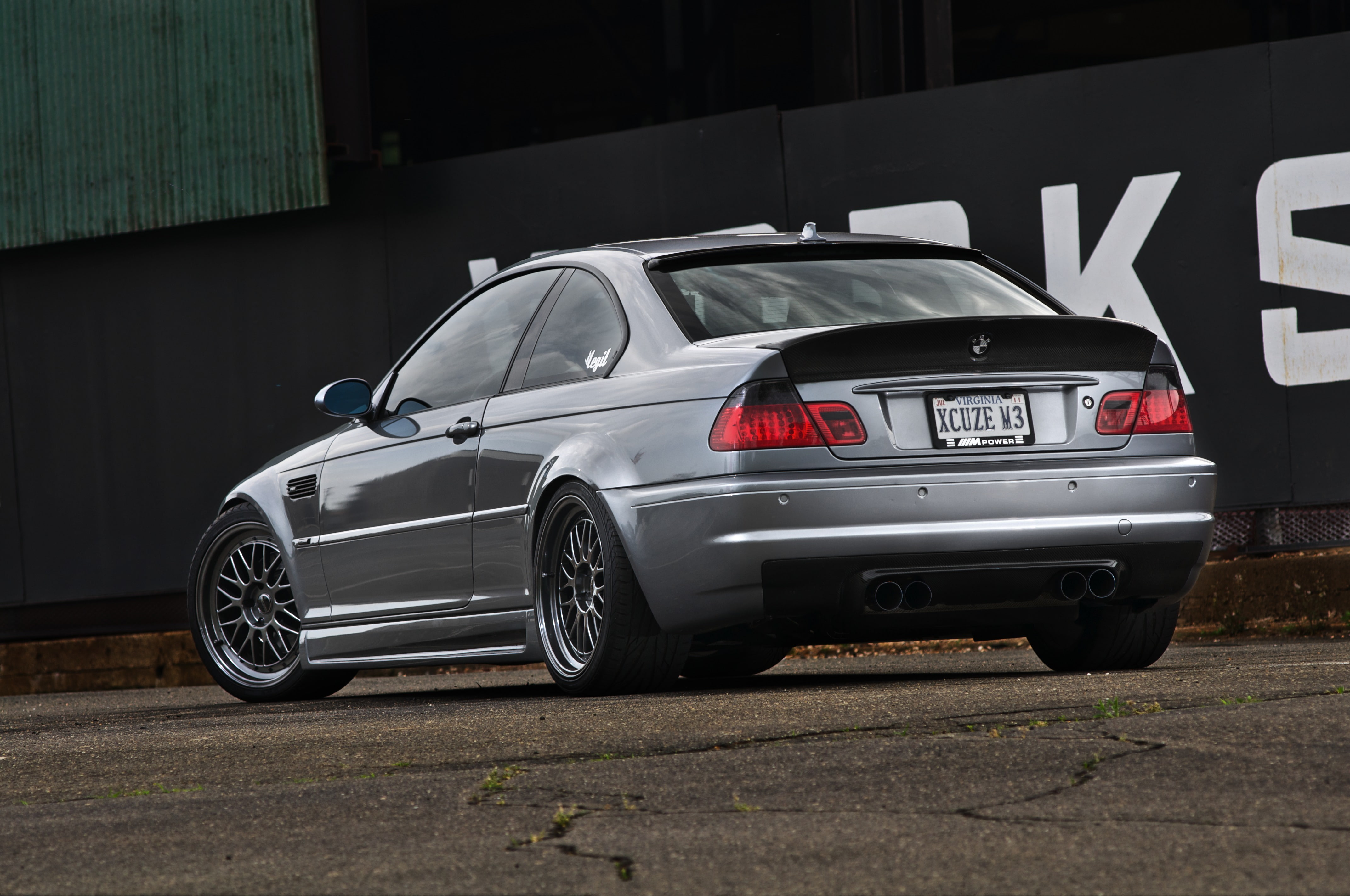 gray BMW E46 M3 coupe, wall, the inscription, silver, black, rear view