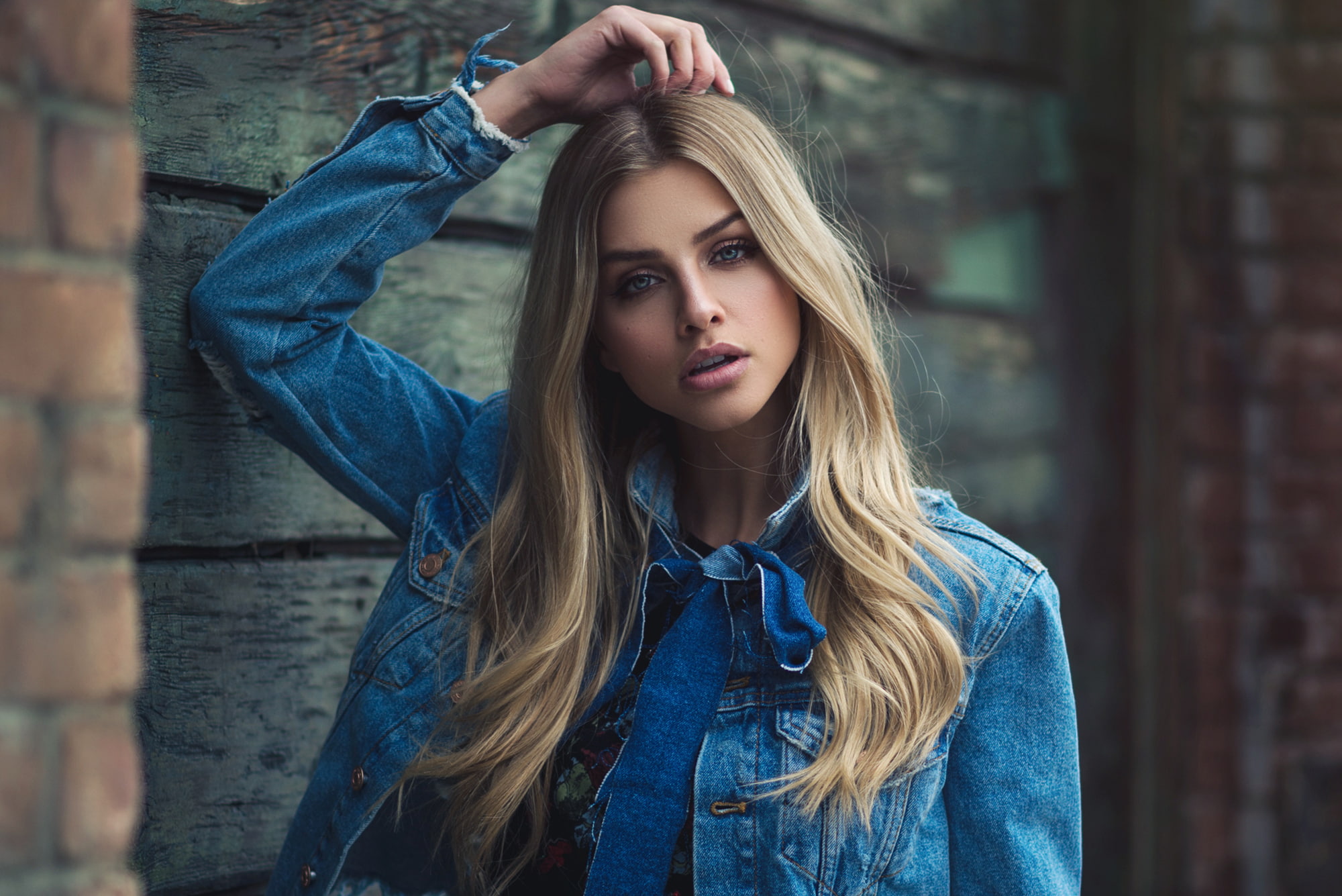 women, blonde, portrait, denim, face, bricks, blue eyes, depth of field