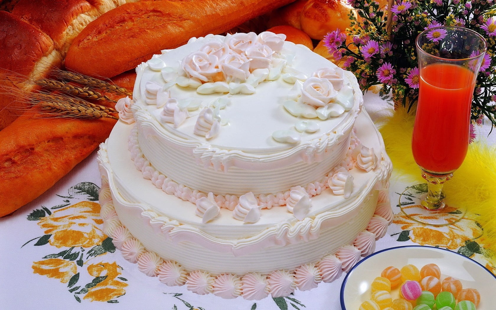 2-tier cake, sweet, cream, rose, juice, glass, flowers, chocolates
