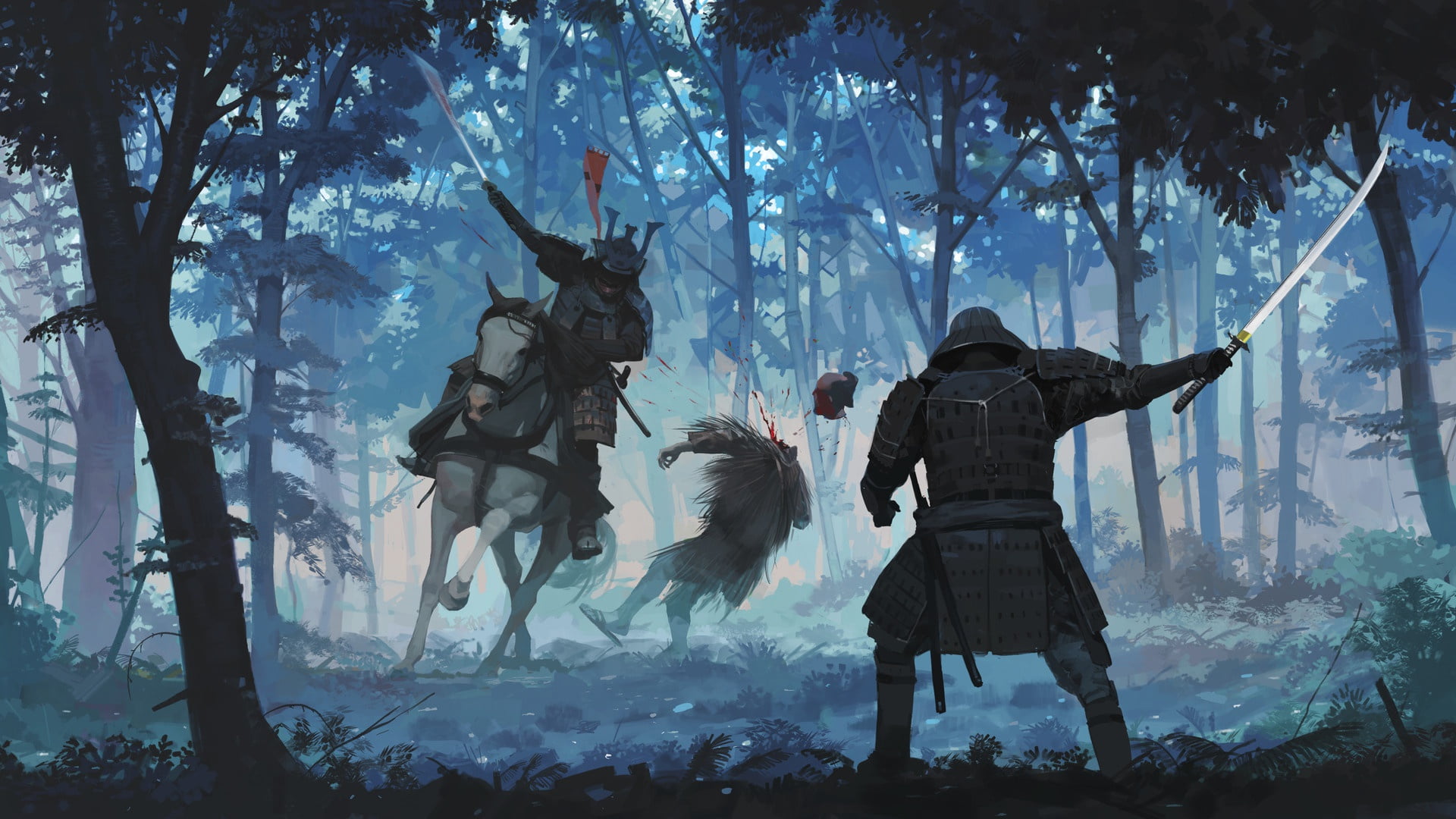 Fantasy, Samurai, Fight, Forest, Horse, Katana, Sword, Warrior