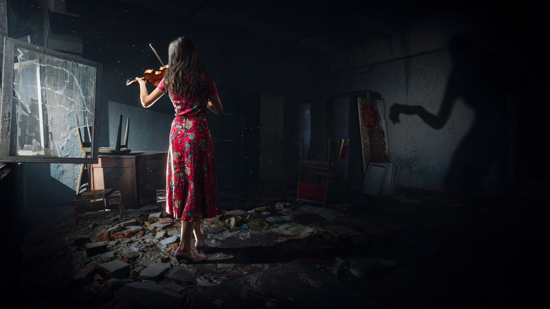 women, violin, dress, abandoned, ruin, ruins, shadow, musical instrument