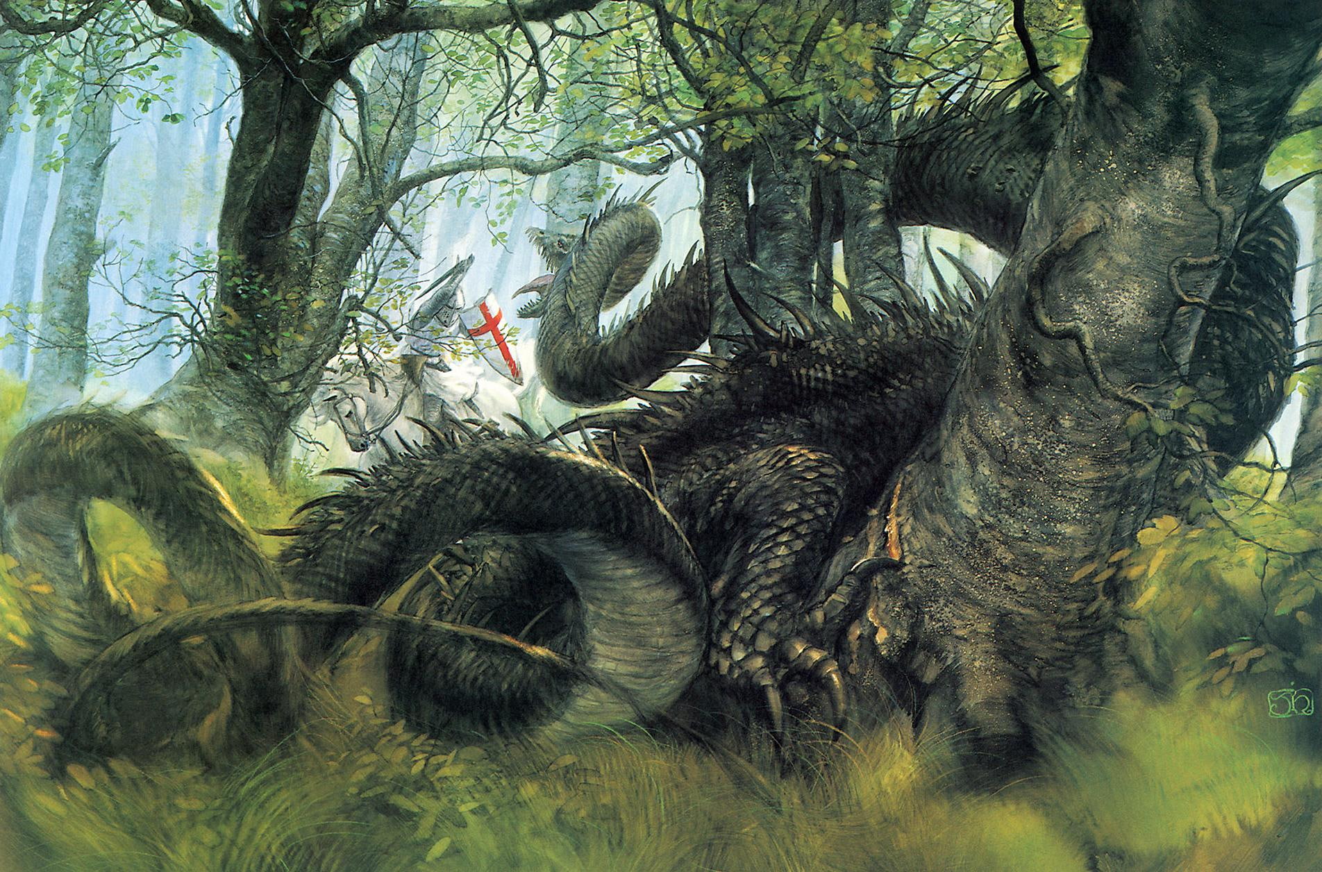 grey dragon in front of knight surrounded by trees wallpaper