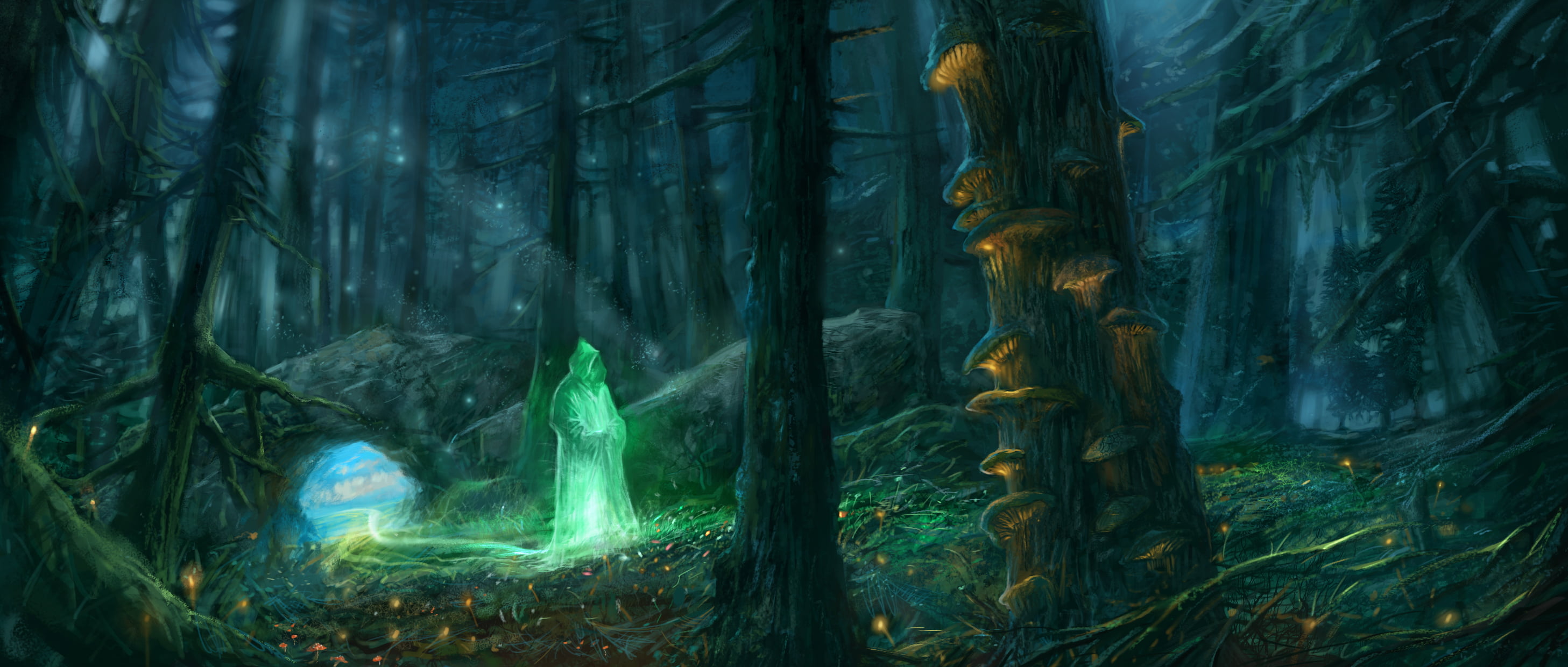 witch standing surrounded by trees digital wallpaper, forest