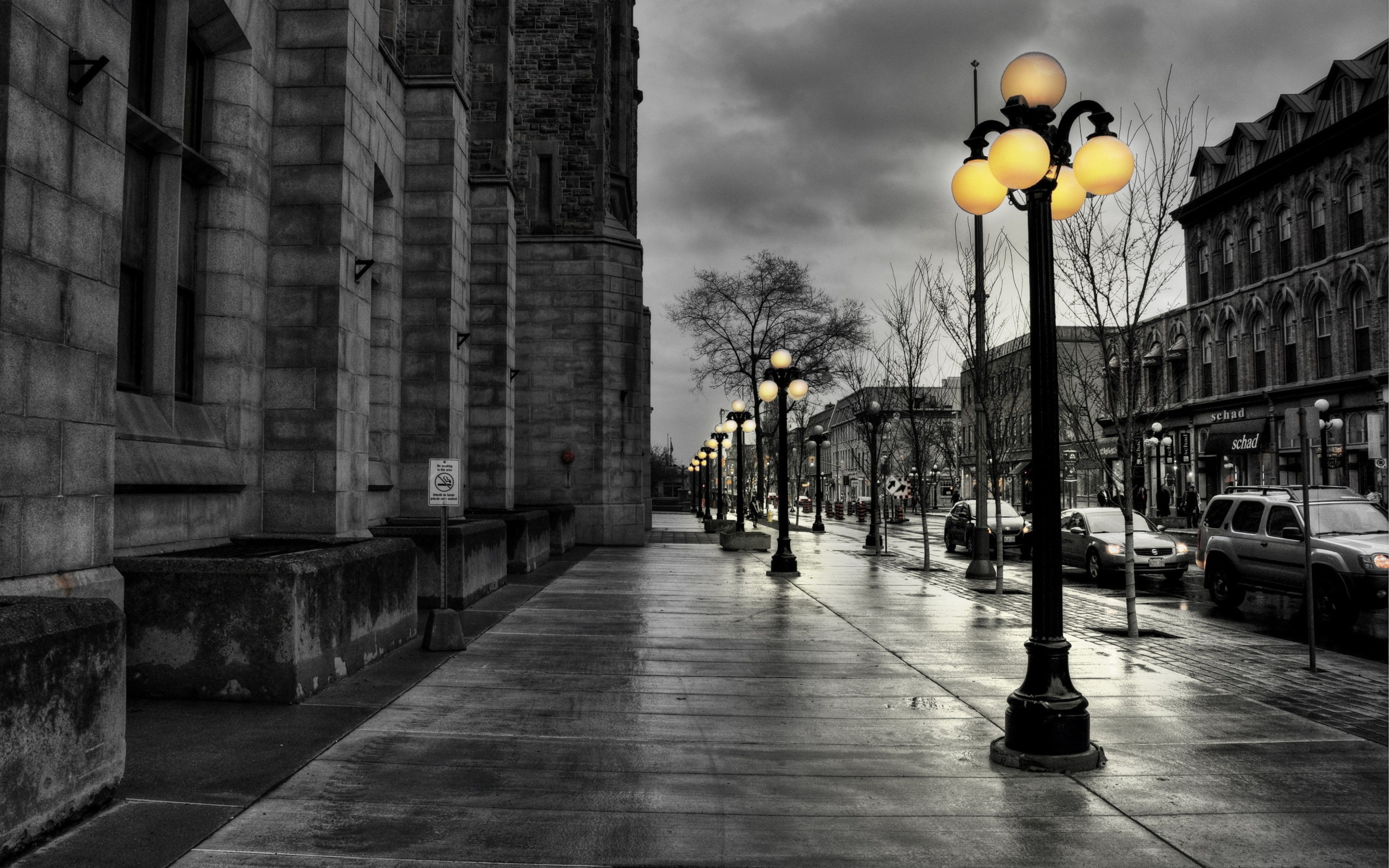street, city backgrounds, evening, black white, lights, Buildings