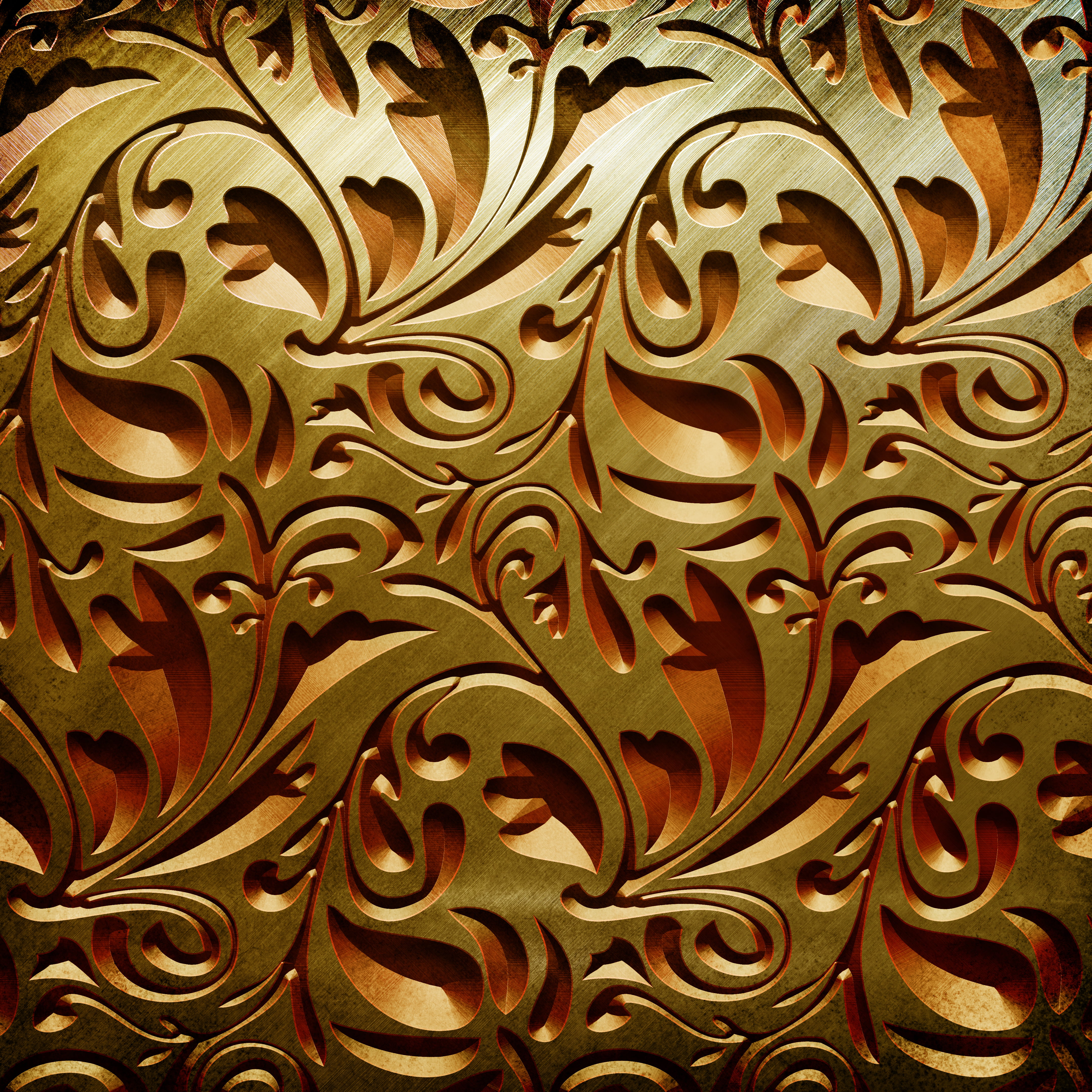brass-colored floral engraved decor, background, patterns, texture