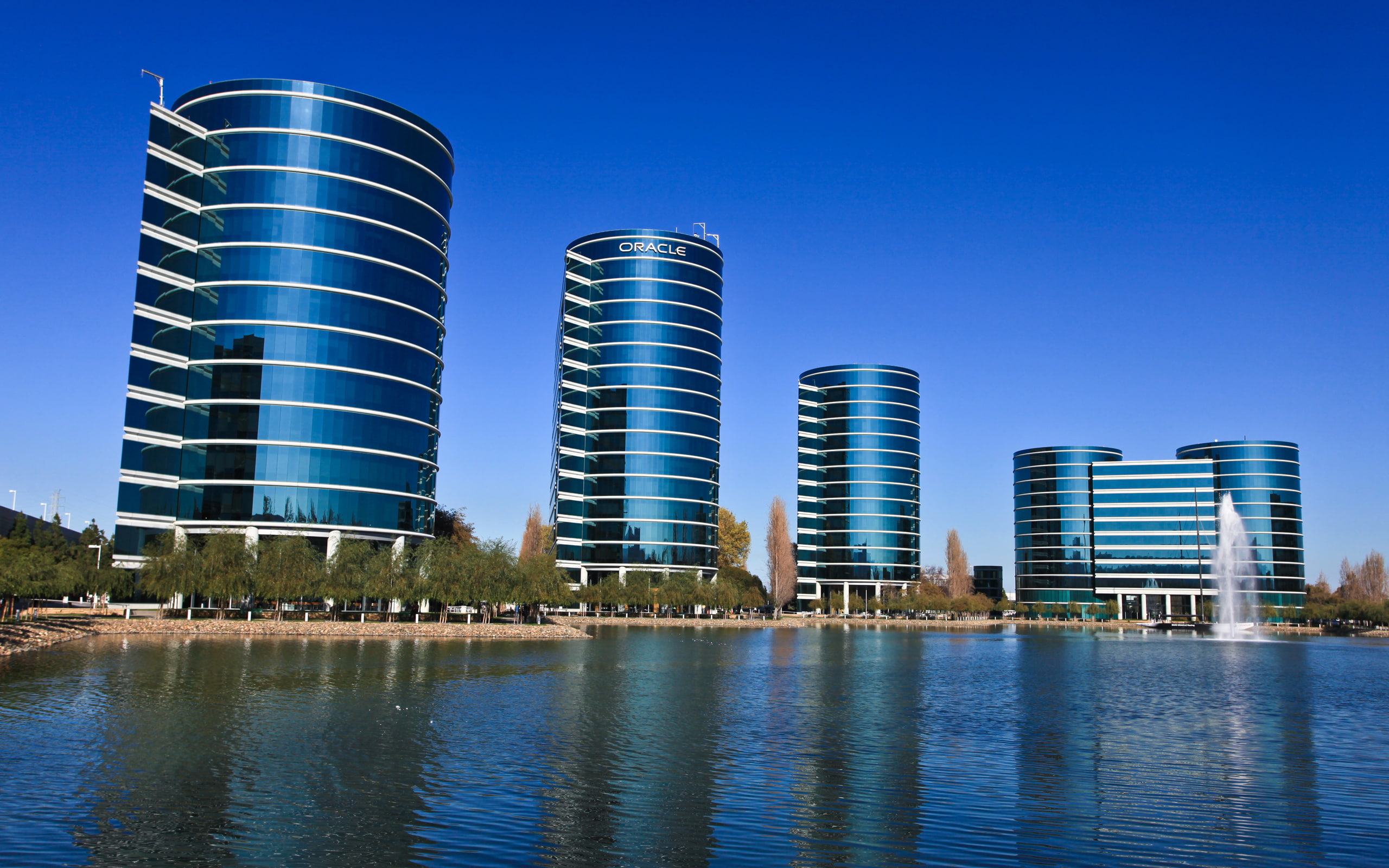Oracle Headquarters HD, five blue high rise commercial buildings