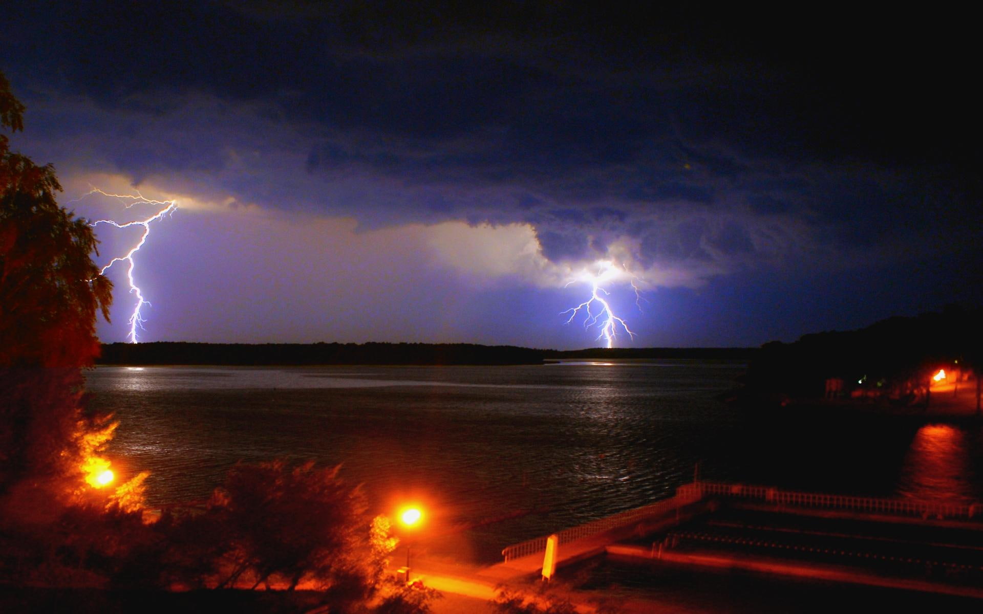 Double Lightning Bolts, lights, river, night, nature and landscapes