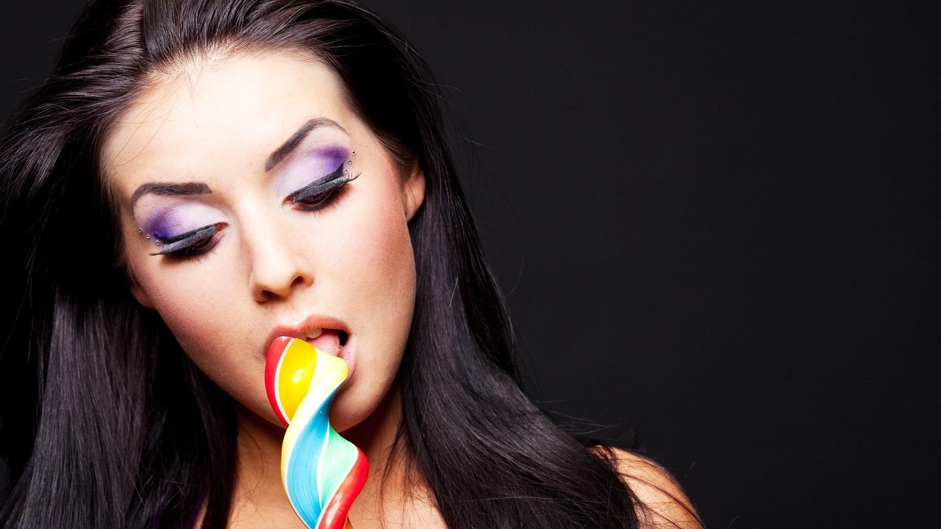 black hair, licking, innuendo, makeup, face, women, model, simple background