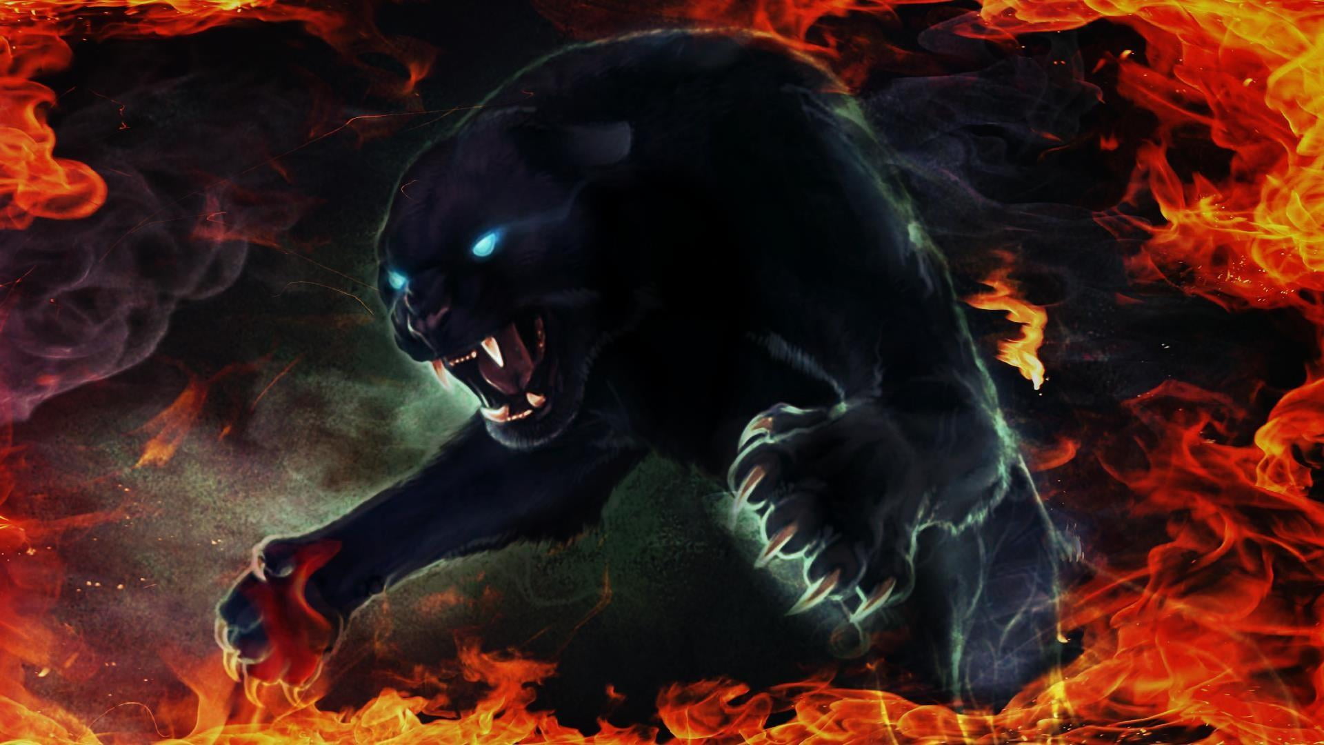 panther, black panther, blue eyes, fire, flame, claw, digital art