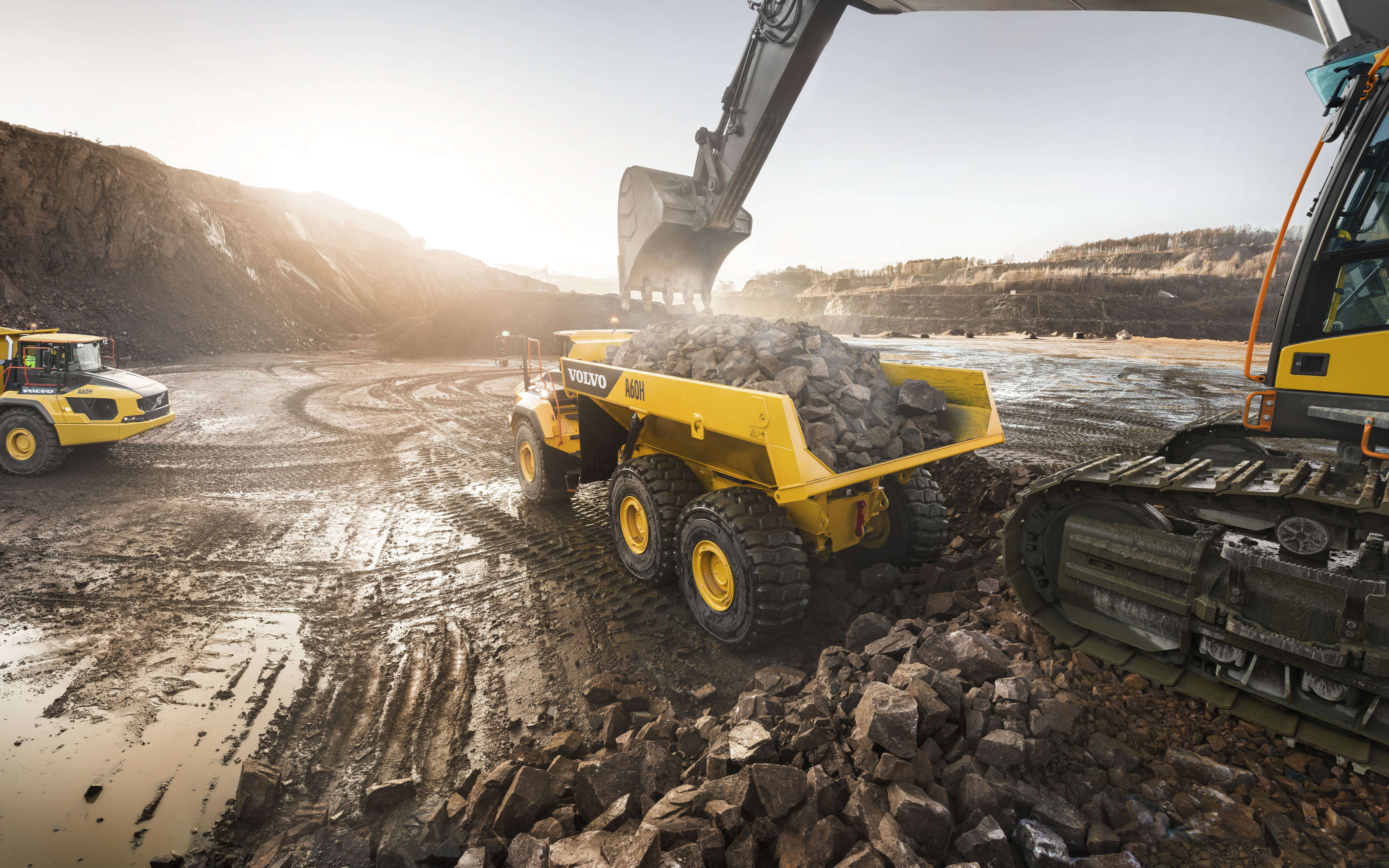 stones, Volvo, excavator, the ground, quarry, dump truck, loading