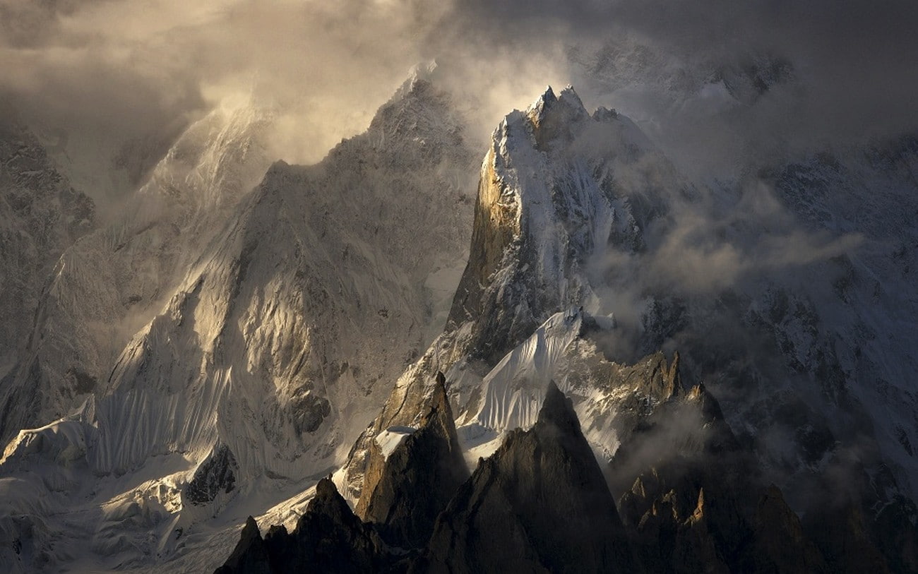 landscape, nature, Himalayas, snowy peak, clouds, summit, mountains
