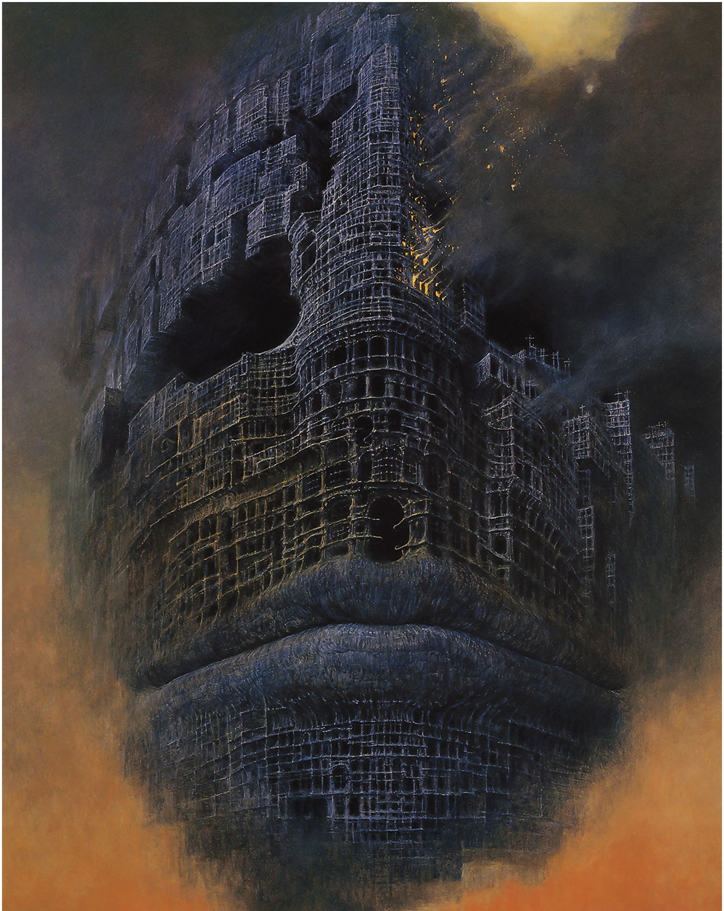 Zdzisław Beksiński, Artwork, Dark, Ghost, Building, Face, On Fire