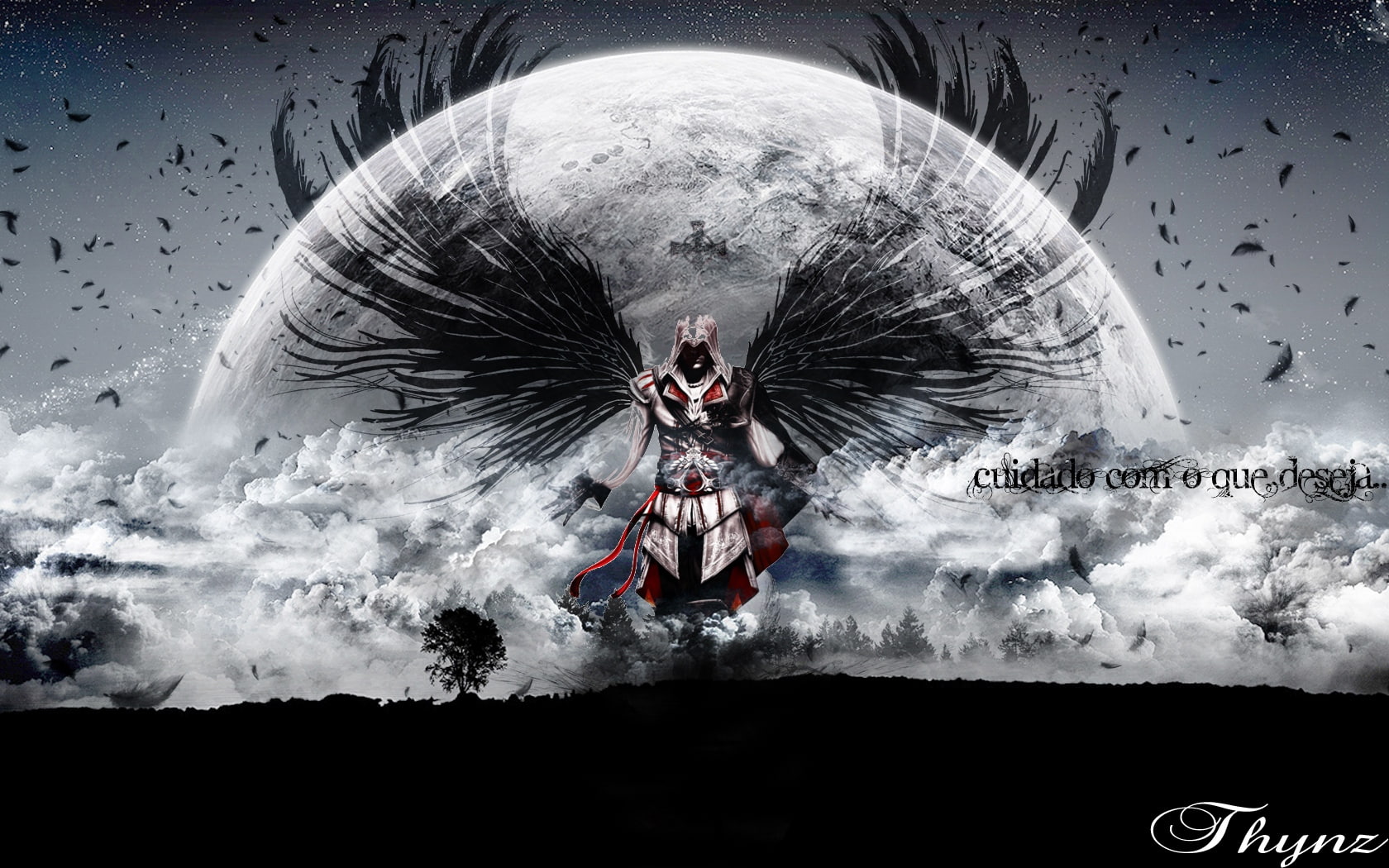 assassins creed, desmond miles, moon, clouds, wings, graphics