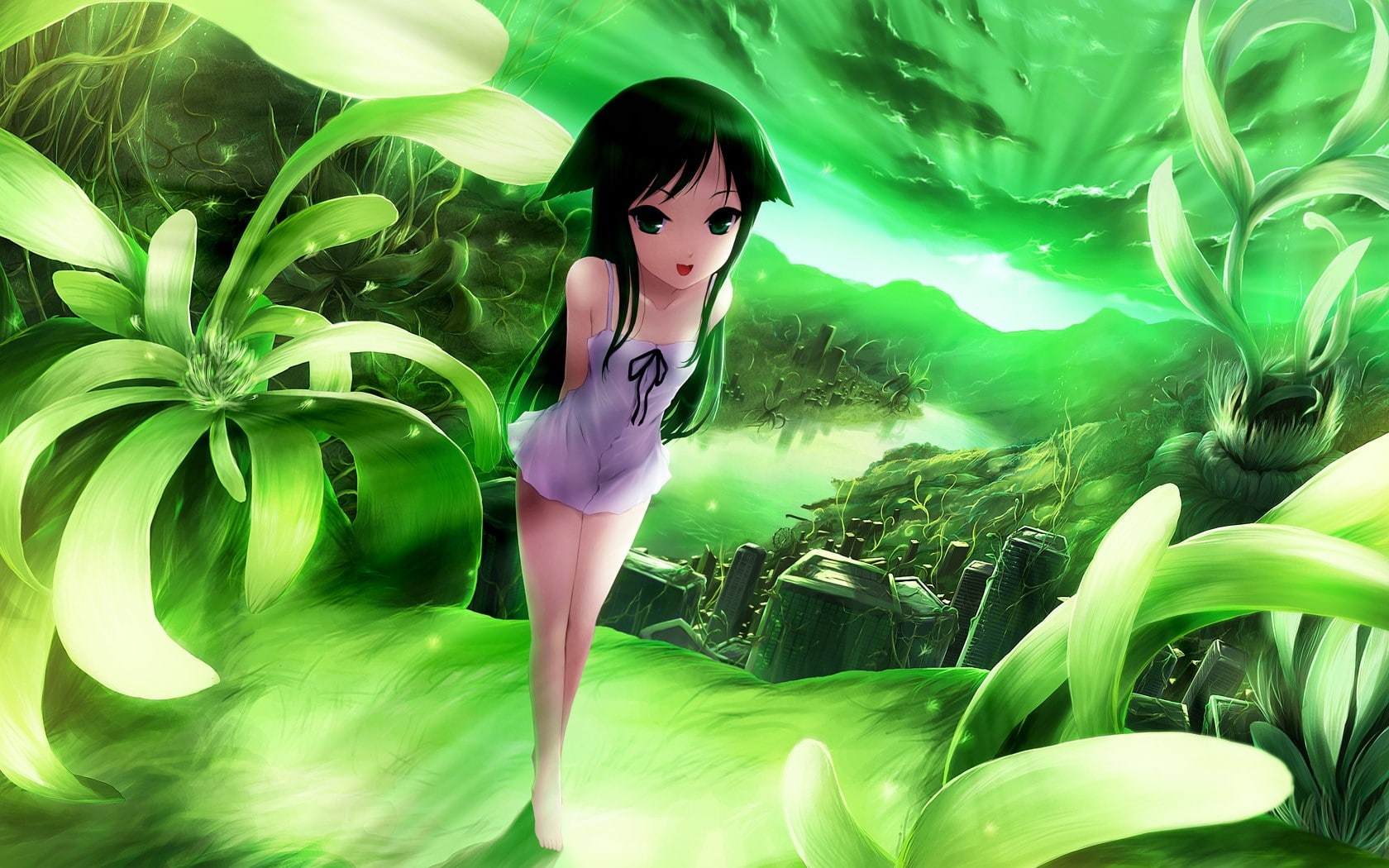 Cait, Saya no uta, Dress, Plants, Green background, one person