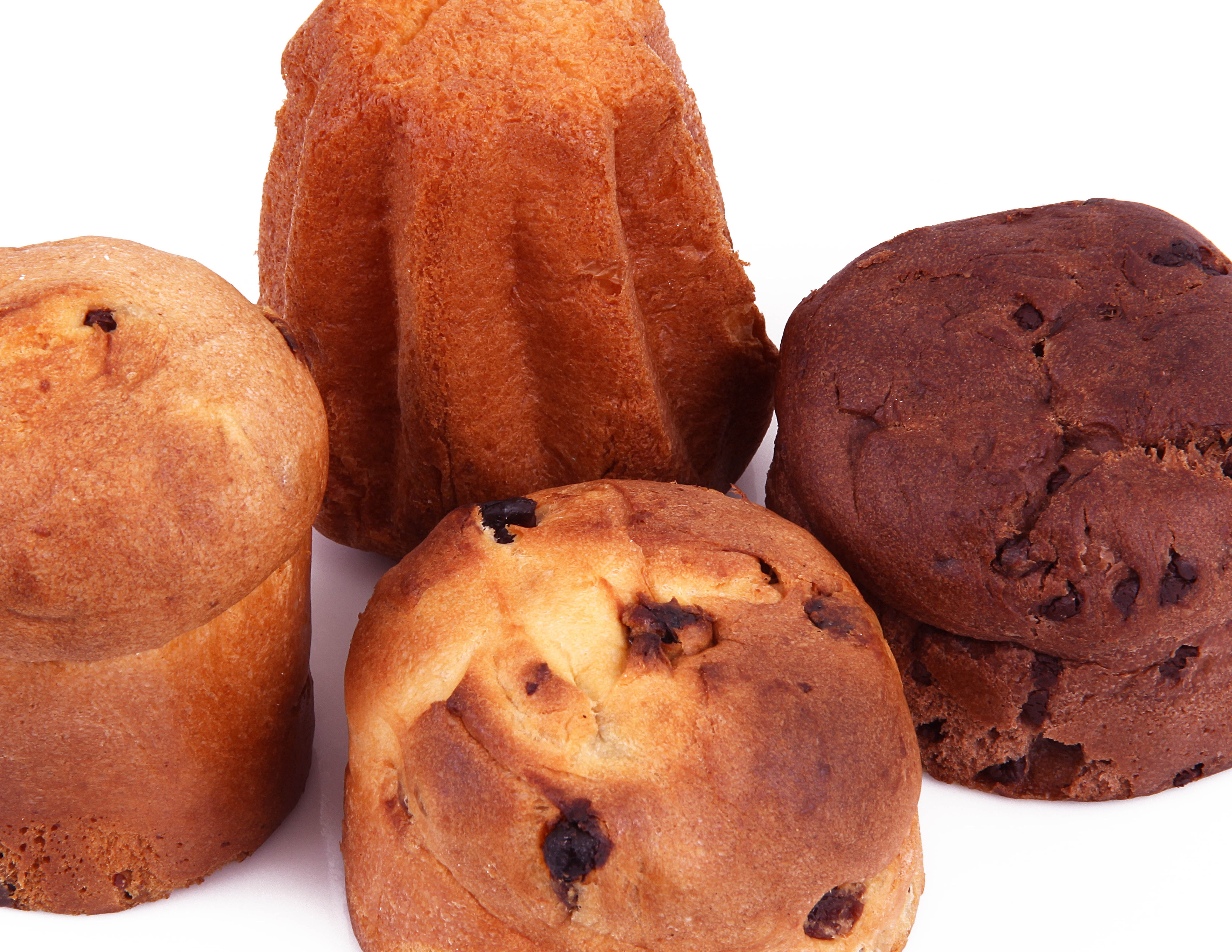 four muffins, pastries, bread, white background, food, brown