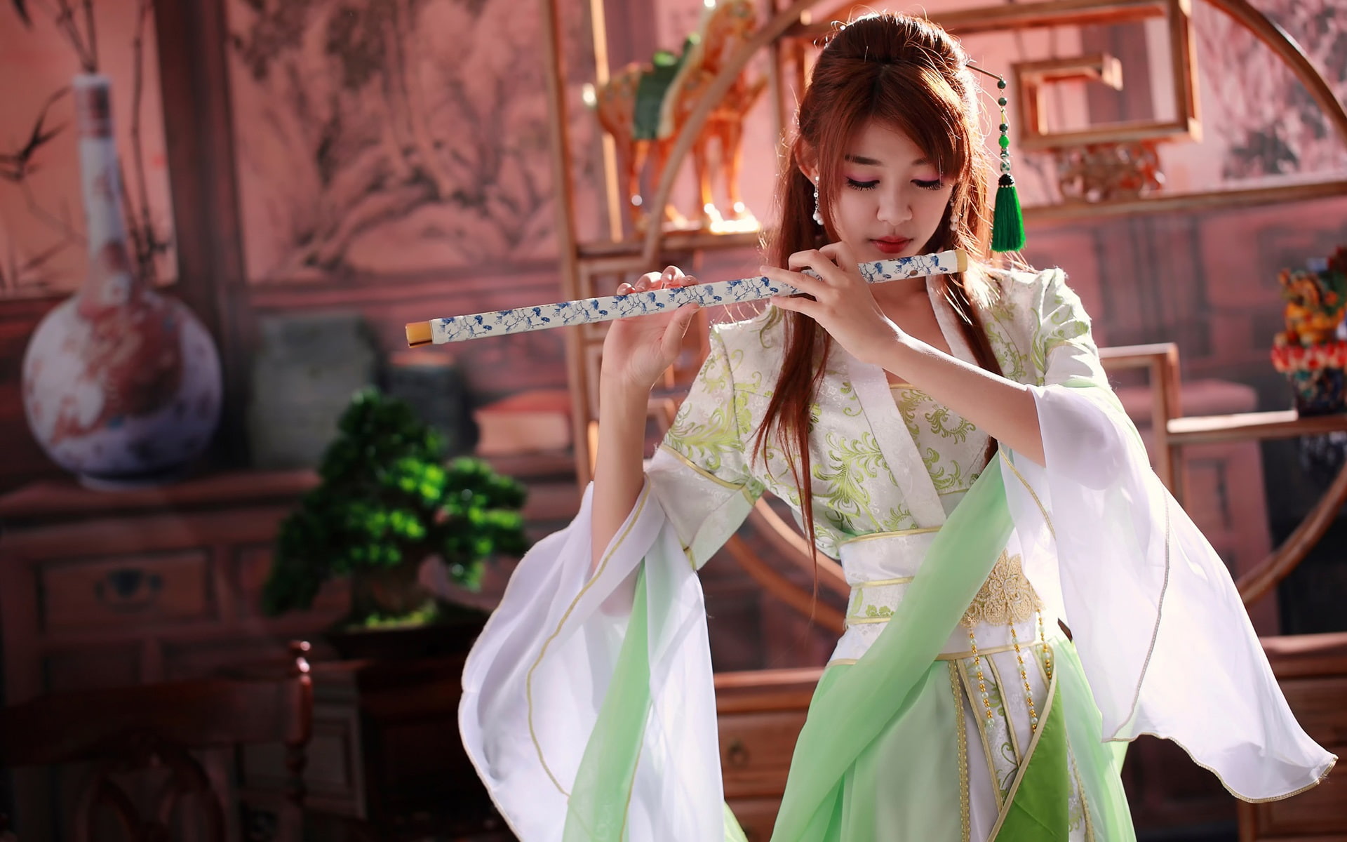 Beautiful chinese girl, music, flute