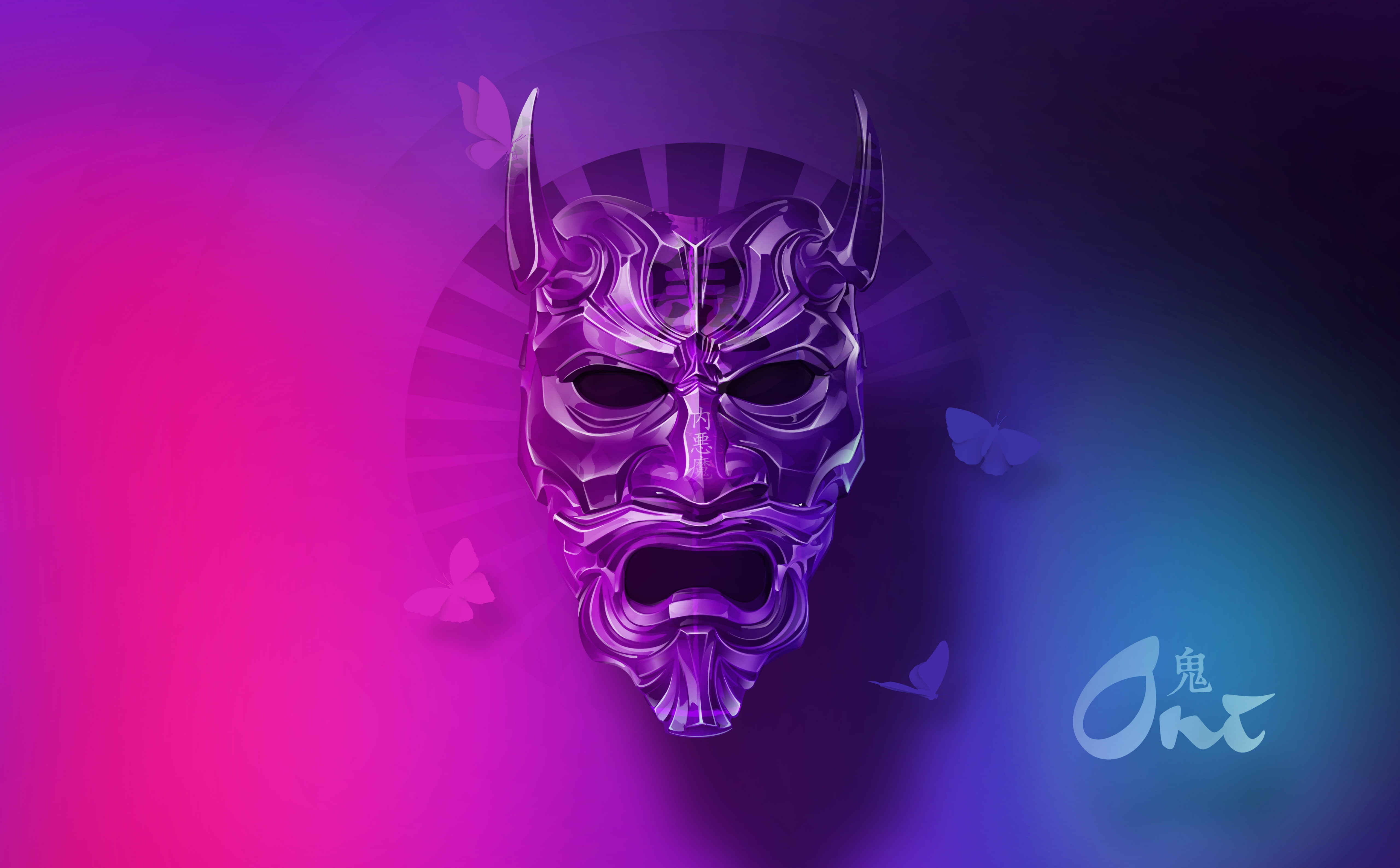 Oni Mask, gray devil mask wallpaper, Aero, Vector Art, Blue, Purple