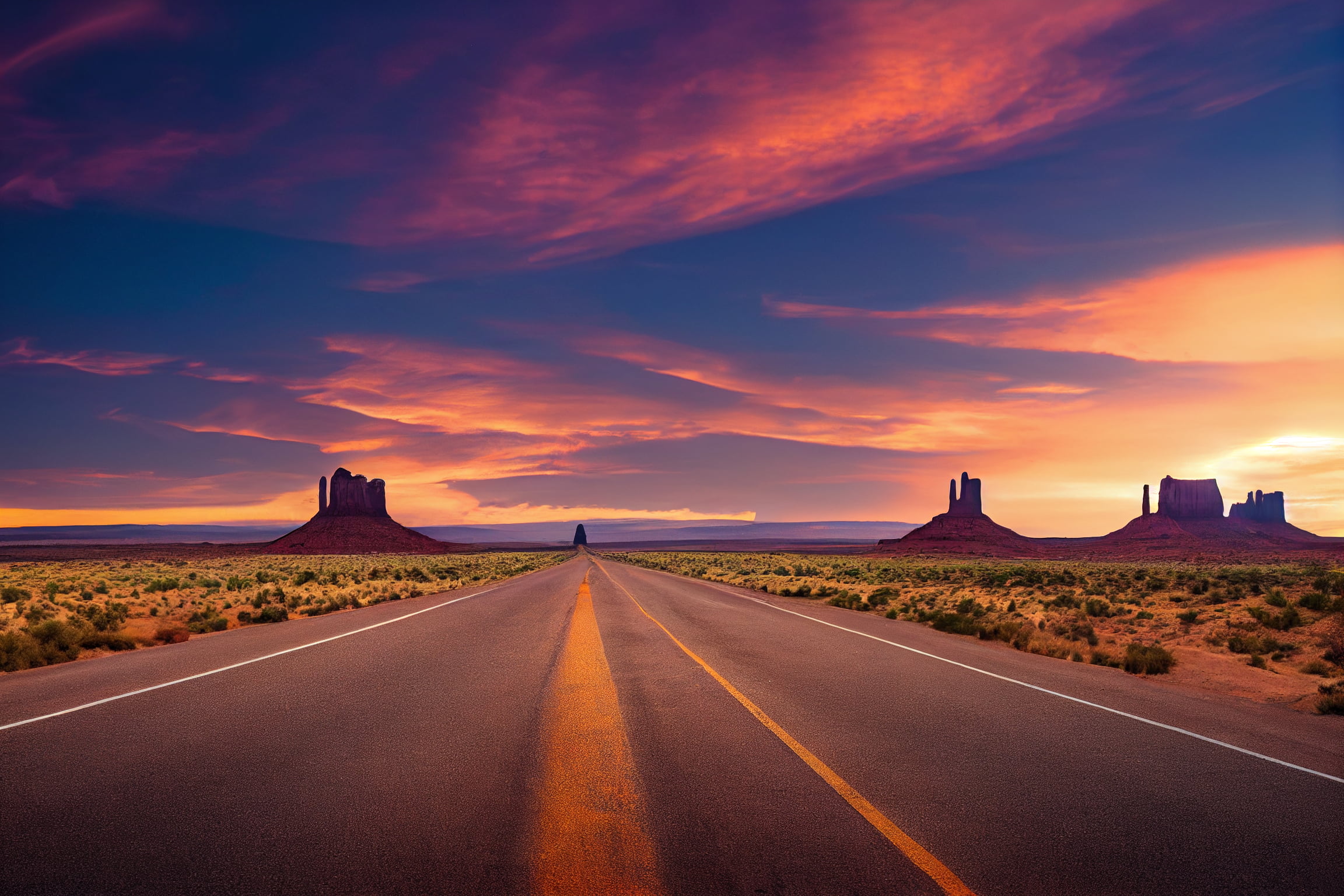 AI art, landscape, Monument Valley, road, sunset