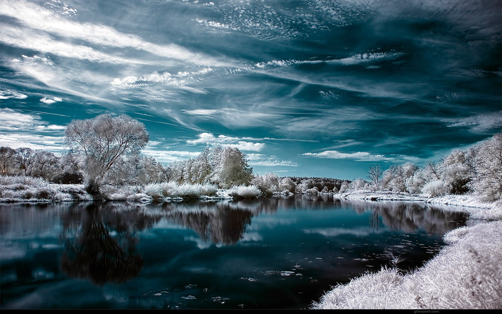 icy trees scenery, landscape, water, winter, lake, infrared, sky