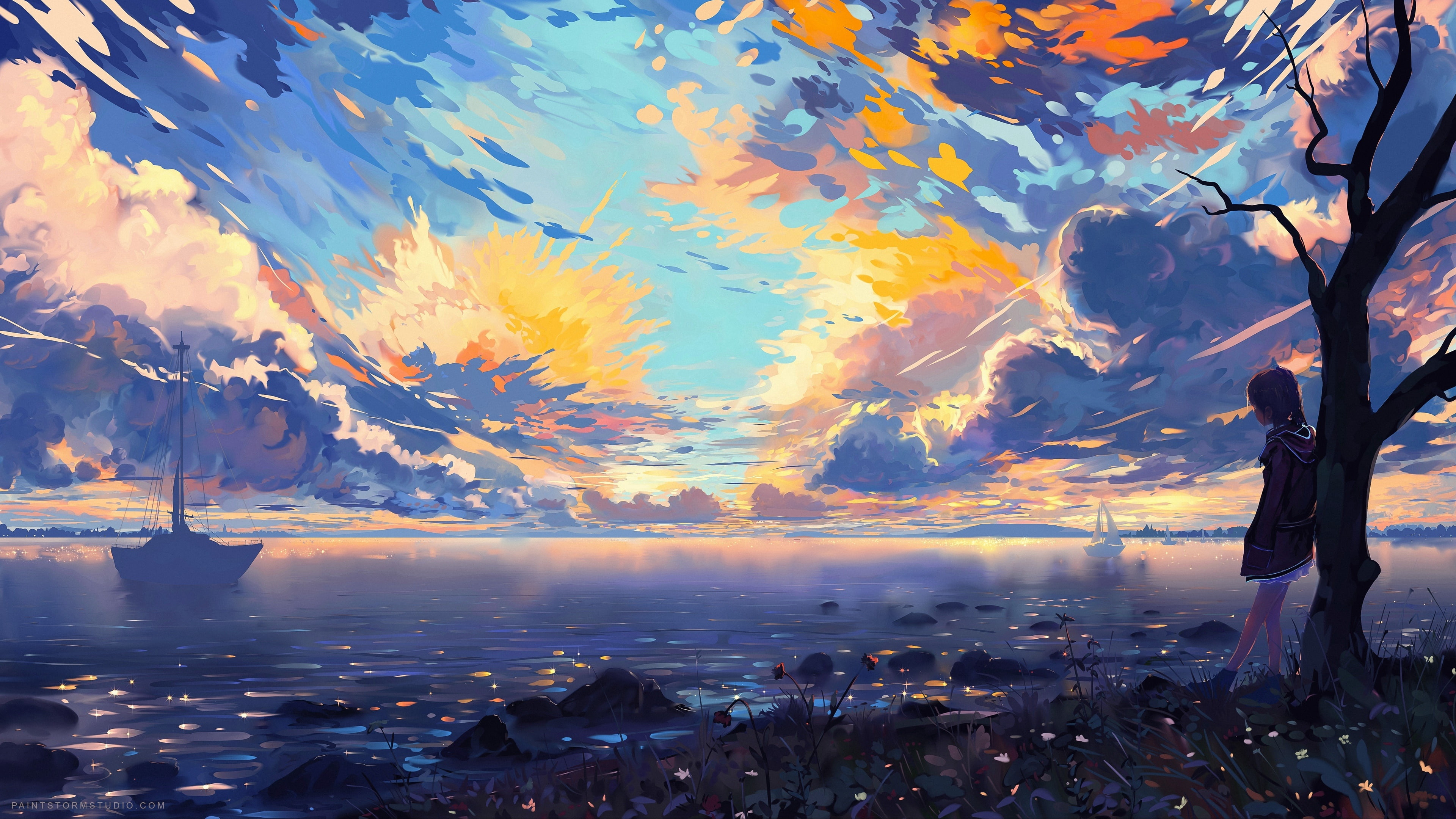 anime landscape, anime art, painting, sea, ship, painting art