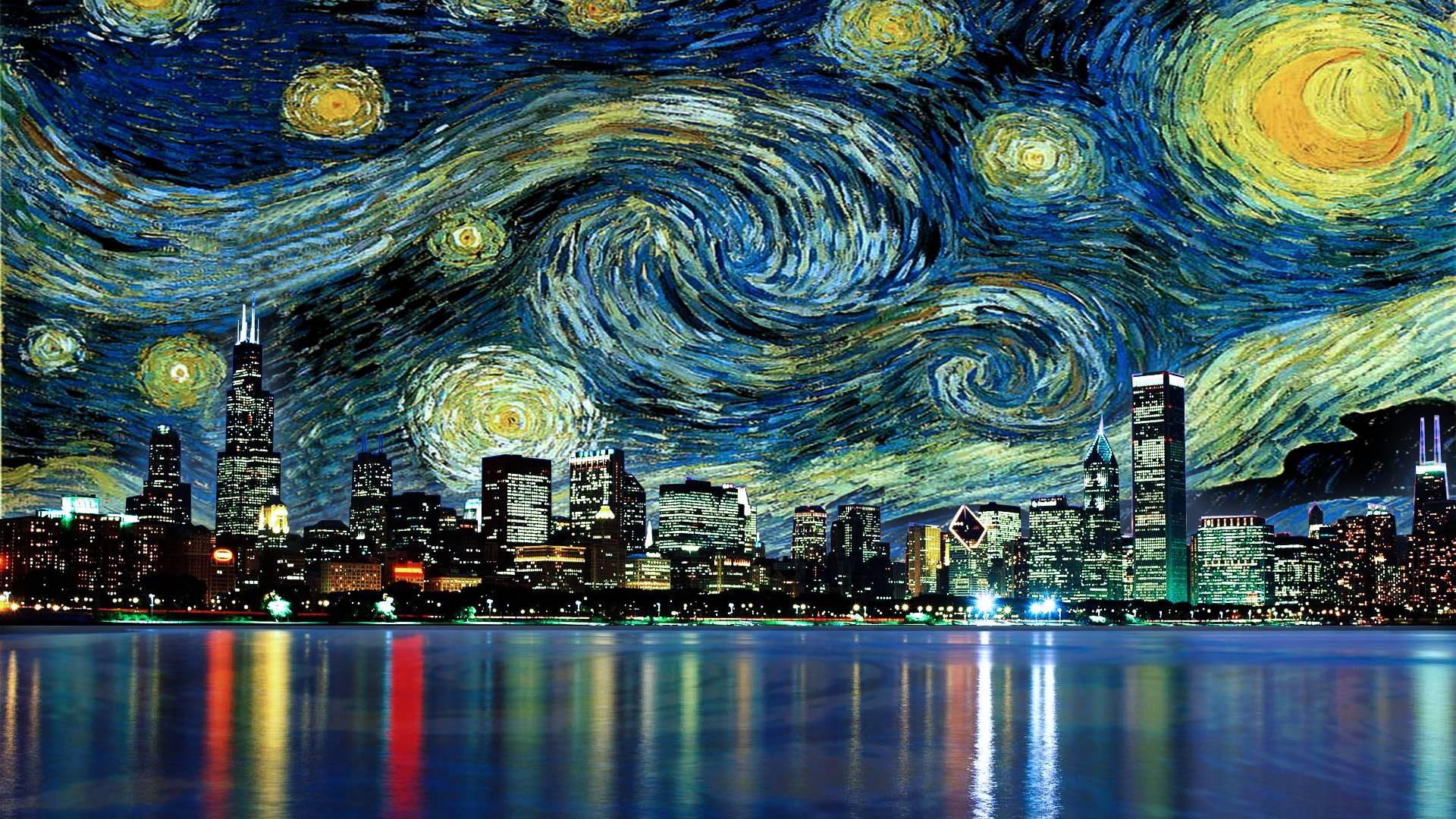city, montage, skyscrapers, chicago, starry night, impressionist
