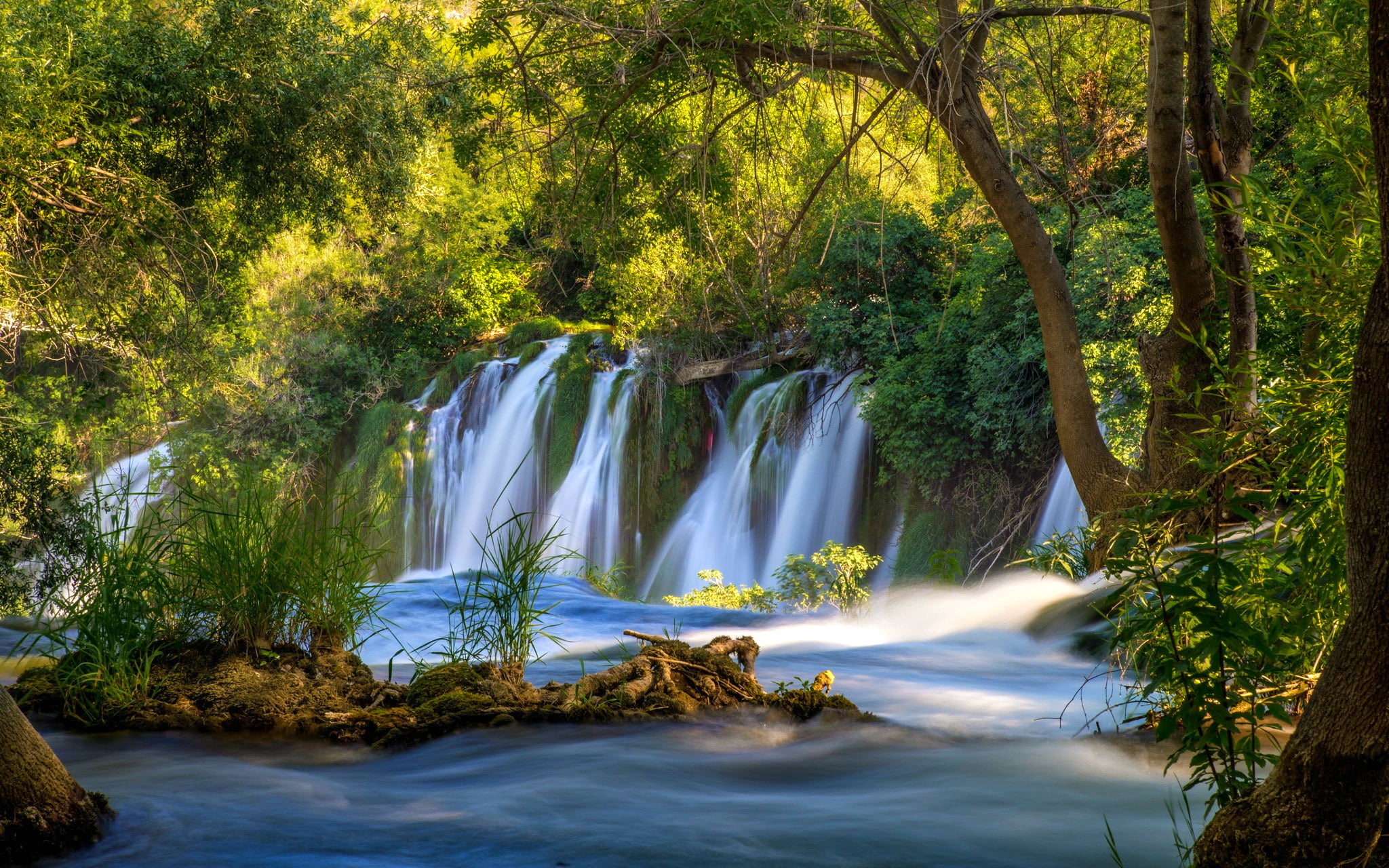 forest and waterfalls, greens, trees, river, stream, Bosnia and Herzegovina