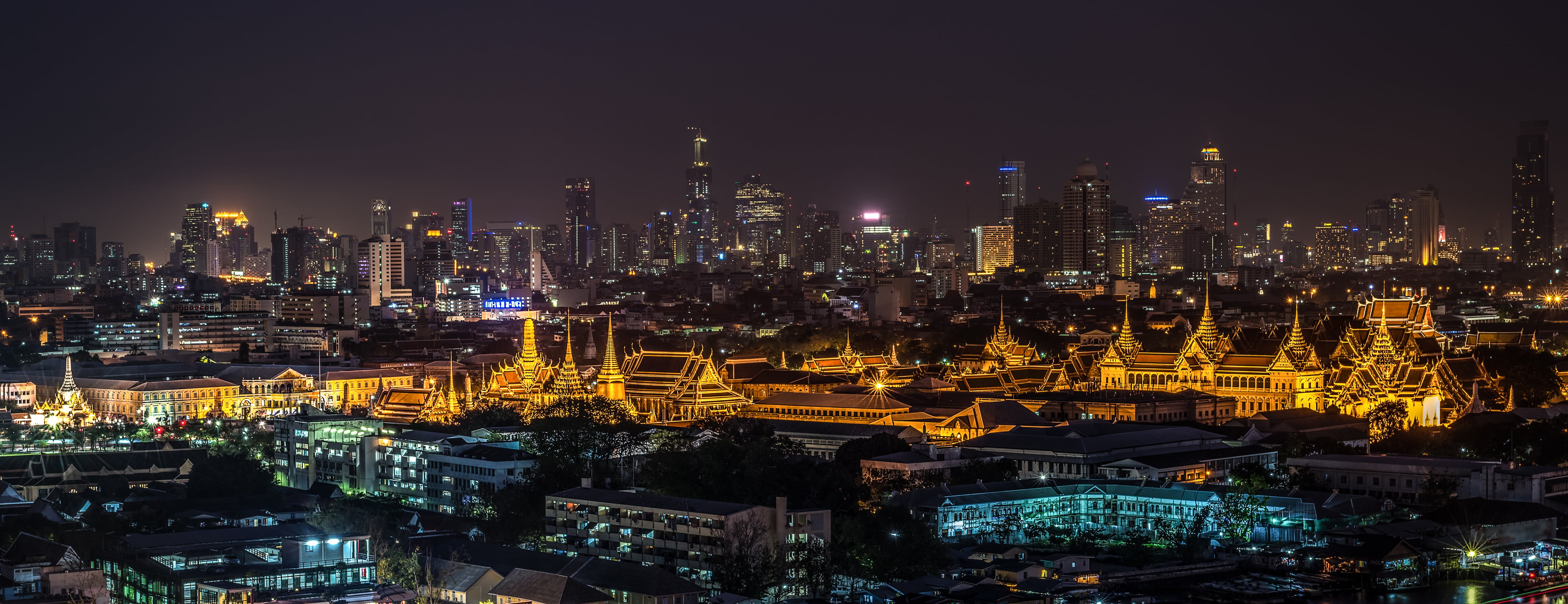 city buildings wallpaper, night city, palace, city lights, bangkok