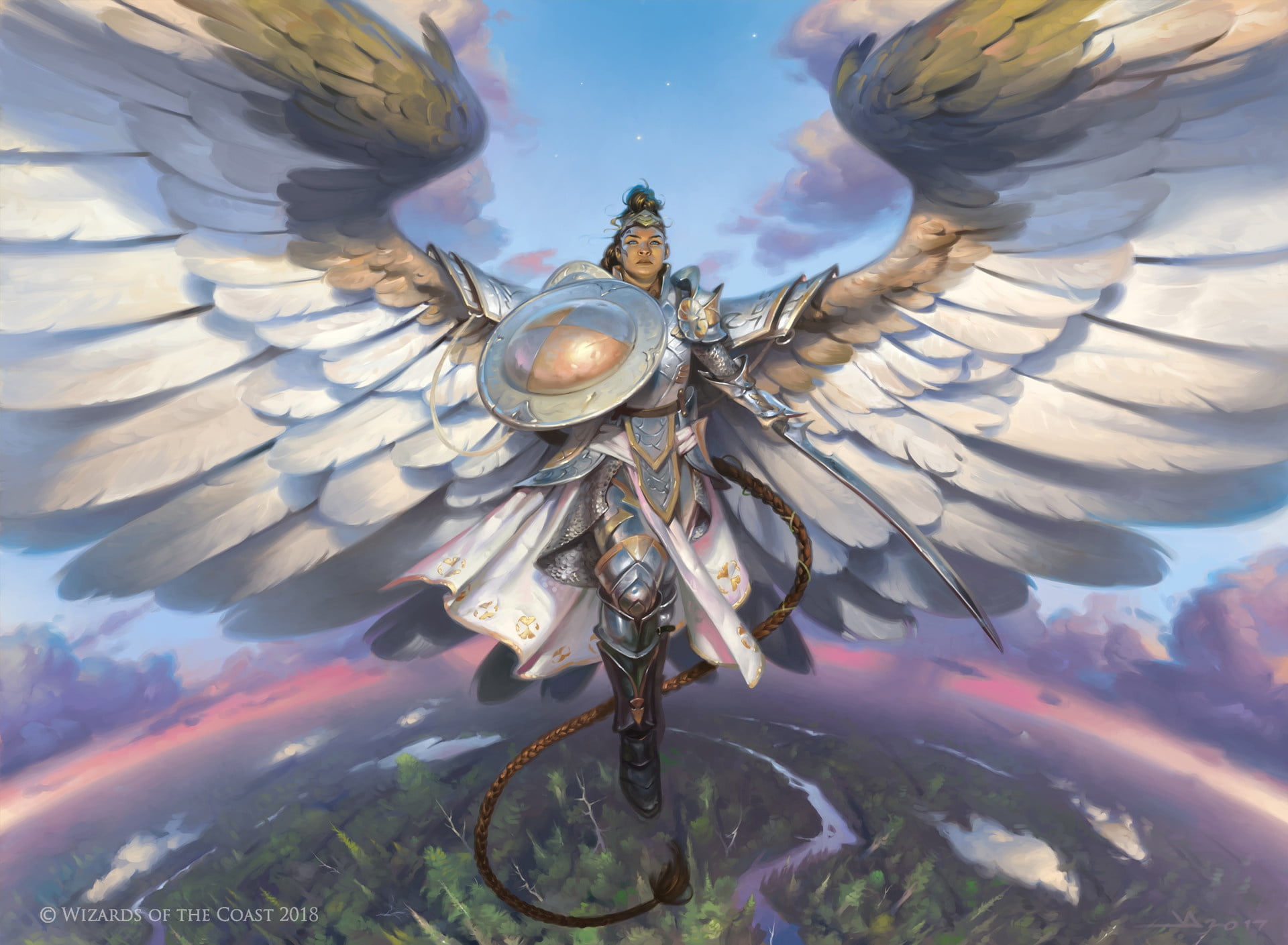 wings, sword, armor, horizon, helmet, braid, shield, art, in the sky