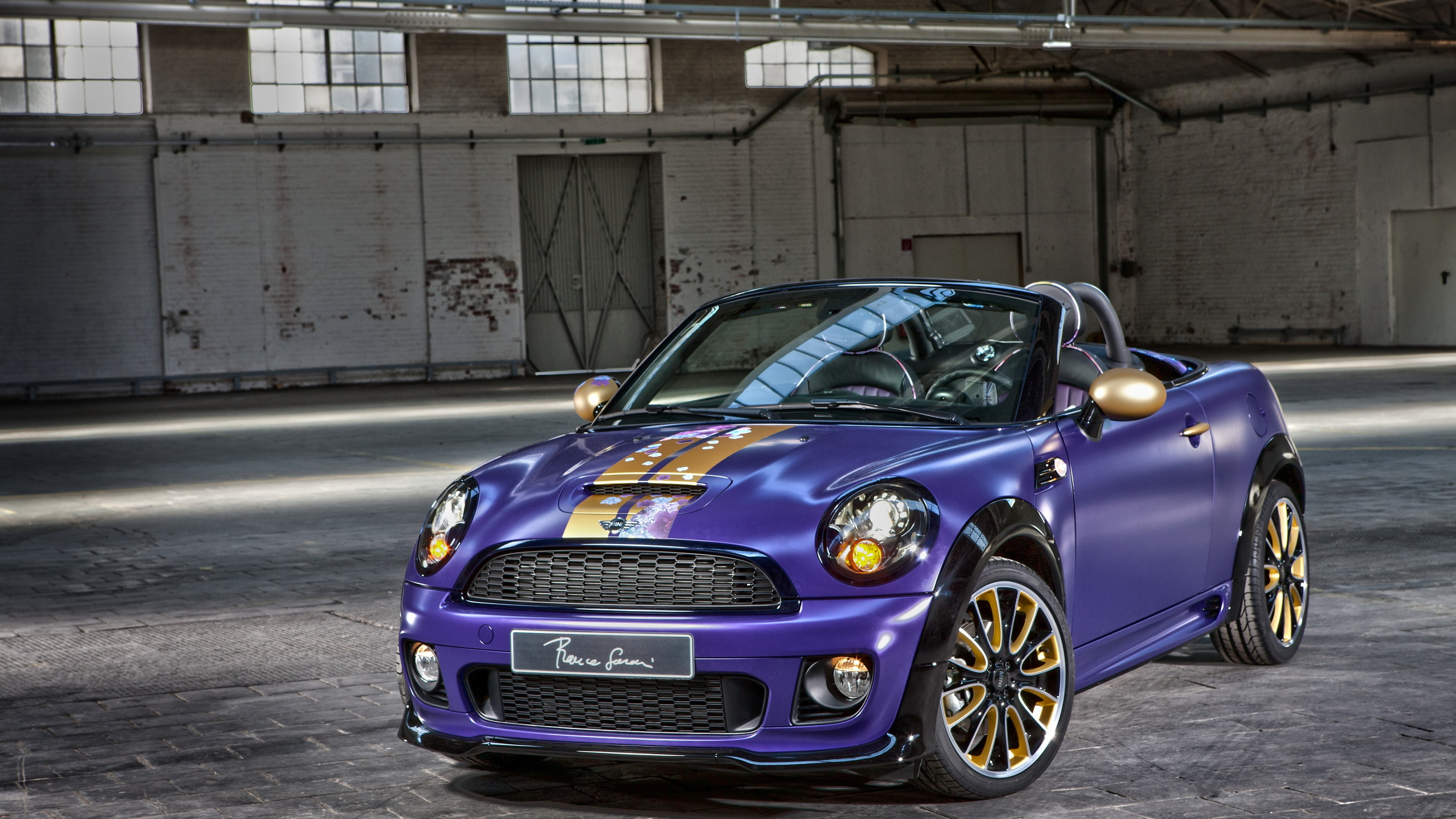 purple convertible coupe, Mini Cooper S Roadster, franca sozzani